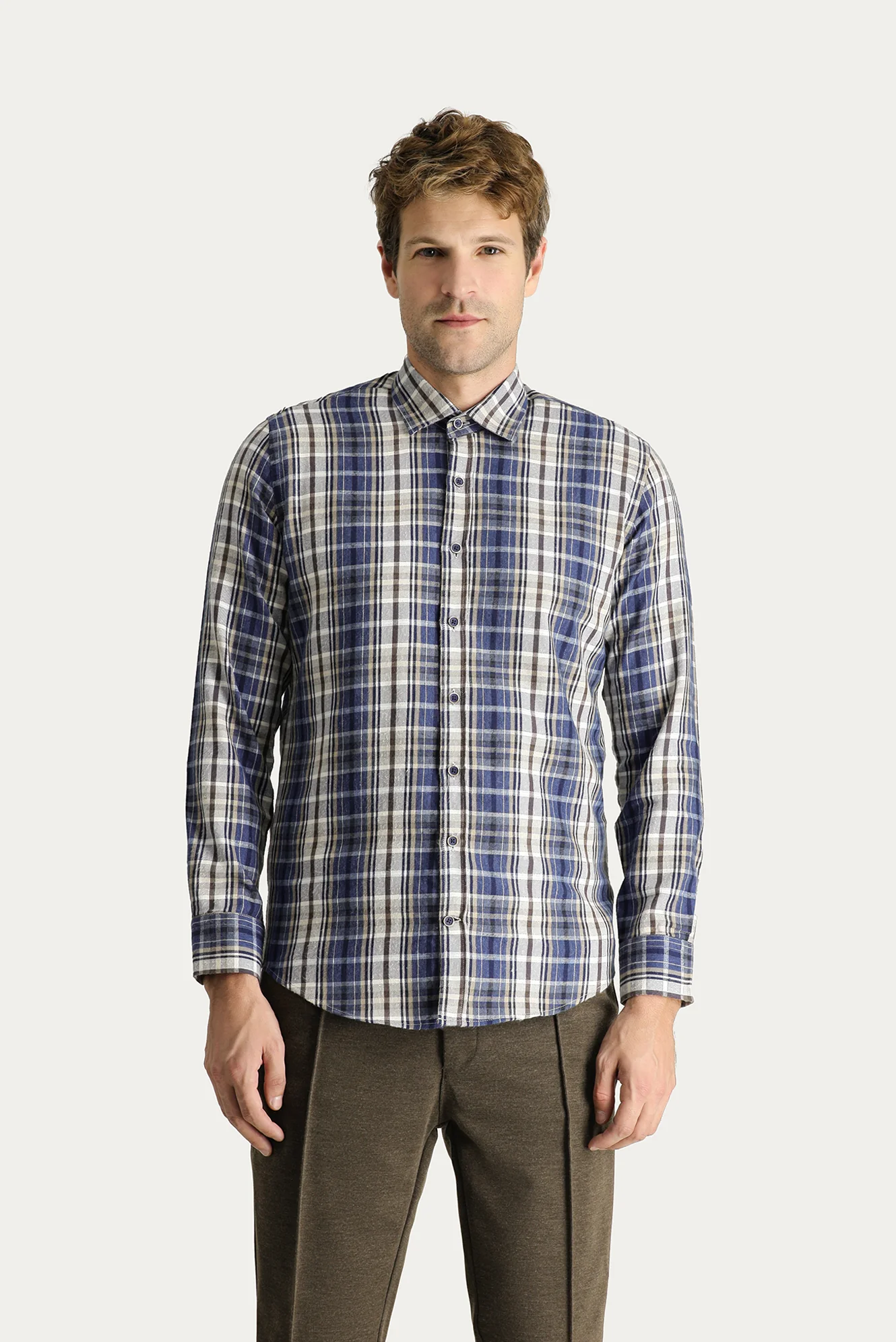 Orta Gri Uzun Kol Slim Fit Dar Kesim Ekose Oduncu Pamuklu Kolay Ütülenebilir Gömlek - Image 4