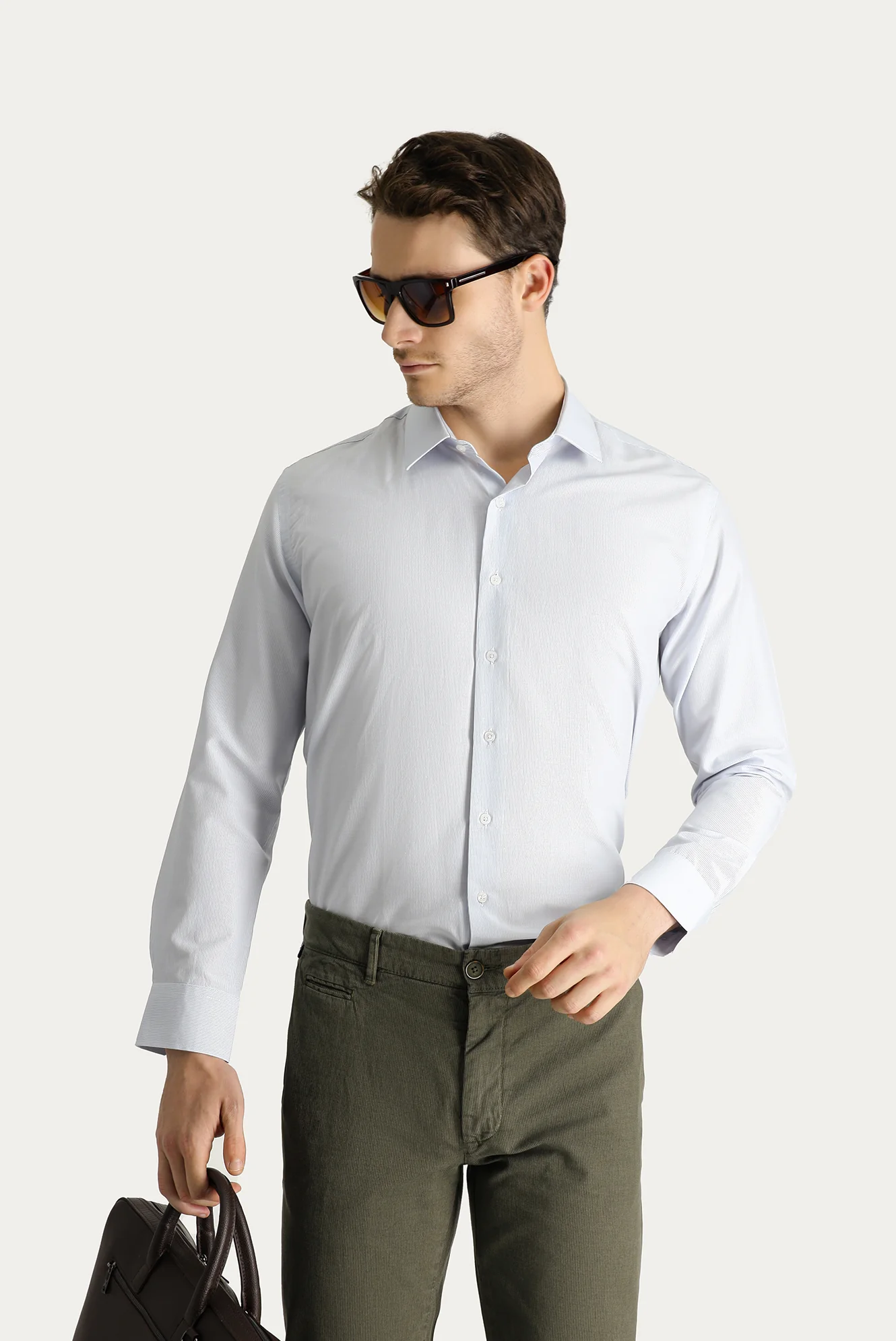 Orta Gri Uzun Kol Slim Fit Dar Kesim Klasik Çizgili Pamuklu Kolay Ütülenebilir Gömlek