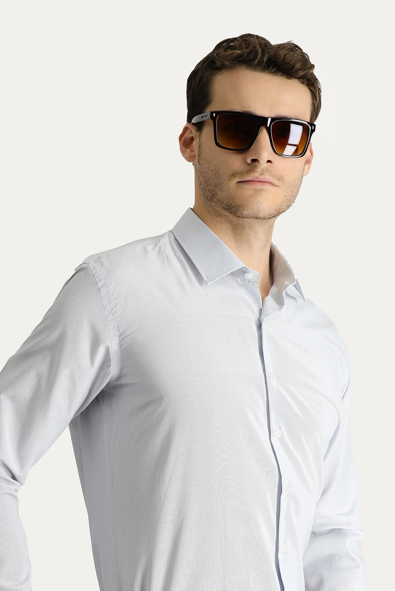 Orta Gri Uzun Kol Slim Fit Dar Kesim Klasik Çizgili Pamuklu Kolay Ütülenebilir Gömlek - Image 2