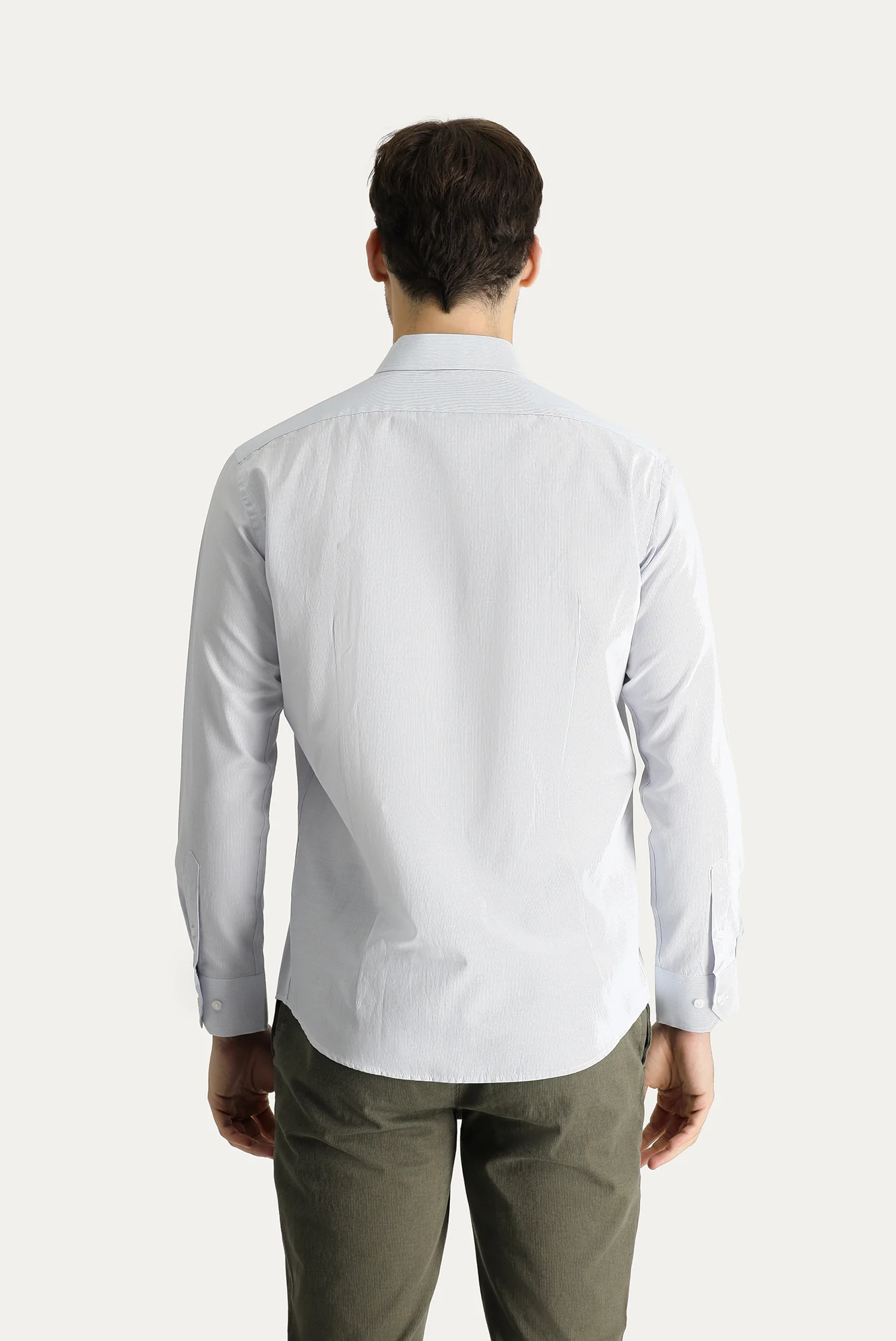 Orta Gri Uzun Kol Slim Fit Dar Kesim Klasik Çizgili Pamuklu Kolay Ütülenebilir Gömlek - Image 4