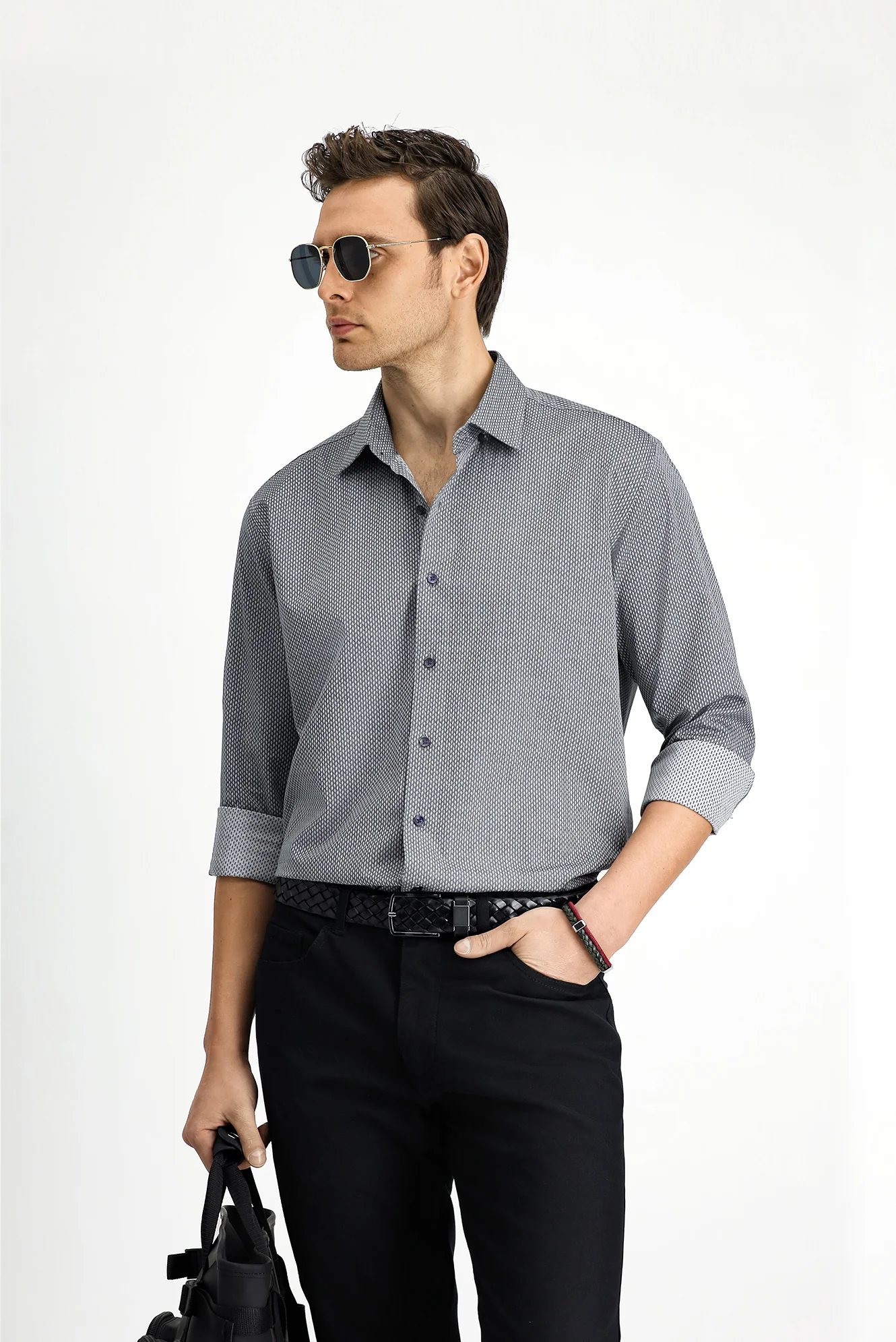 Orta Gri Uzun Kol Slim Fit Dar Kesim Klasik Desenli Pamuk Gömlek - Image 4