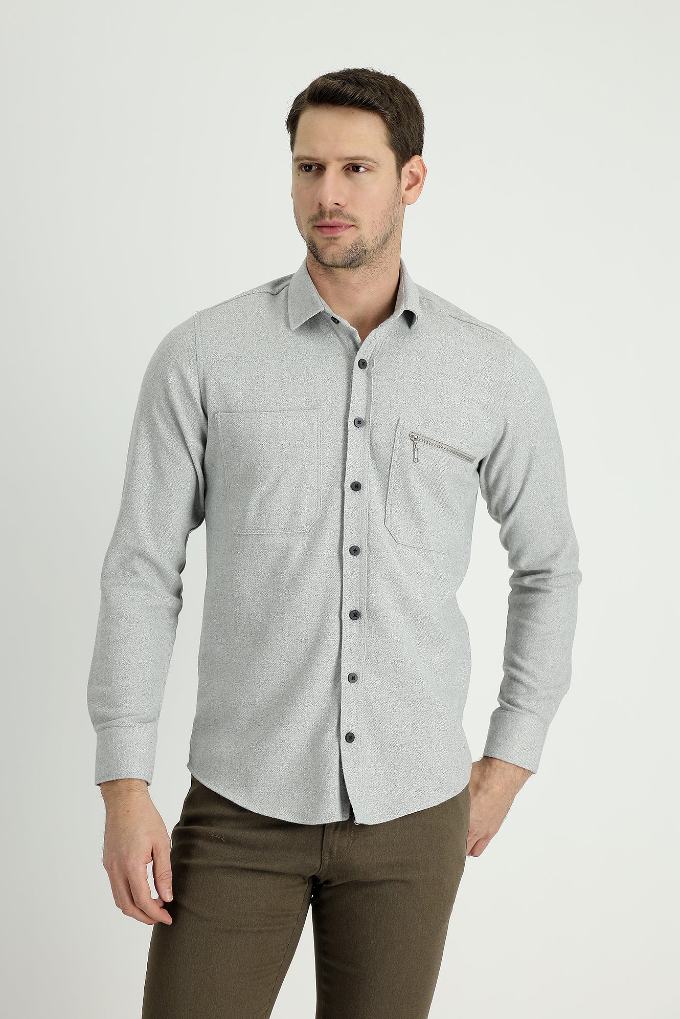Orta Gri Uzun Kol Slim Fit Dar Kesim Oduncu Spor Pamuklu Gömlek - Image 2