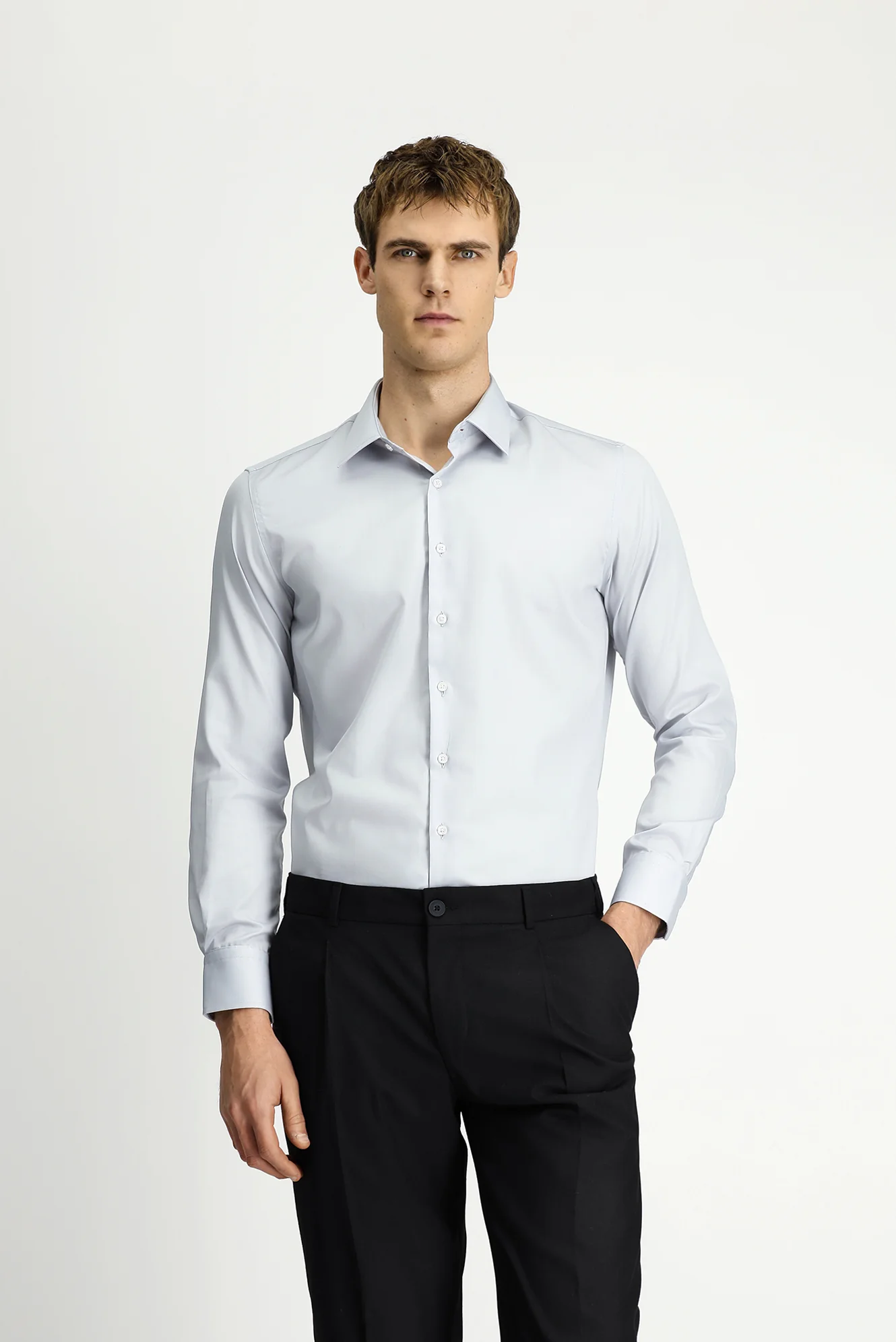 Orta Gri Uzun Kol Slim Fit Dar Kesim Pamuklu Non Iron Ütü Gerektirmeyen Saten Klasik Gömlek