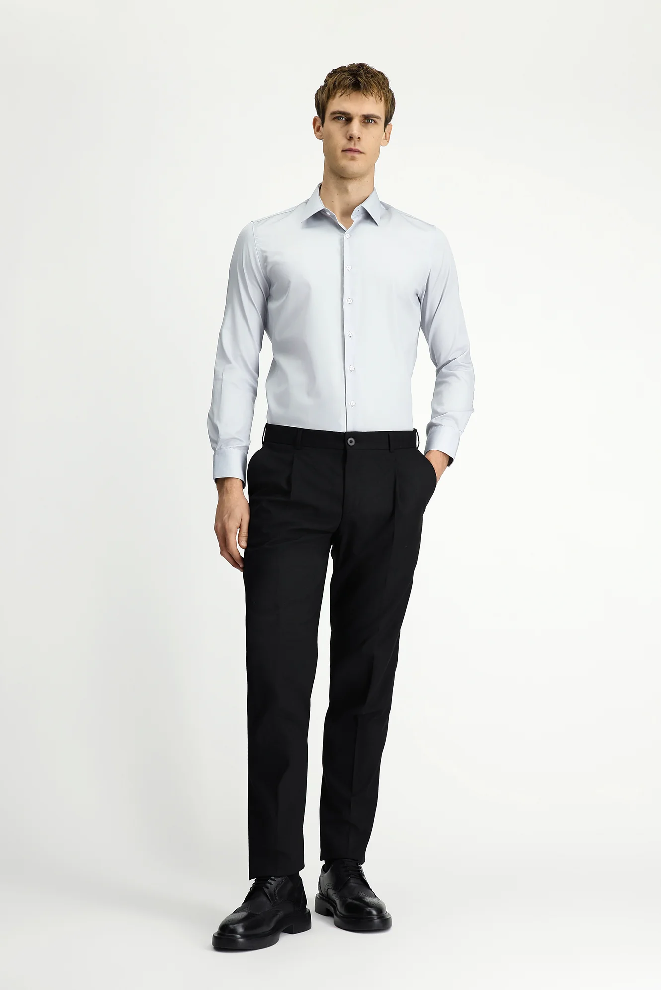 Orta Gri Uzun Kol Slim Fit Dar Kesim Pamuklu Non Iron Ütü Gerektirmeyen Saten Klasik Gömlek - Image 2