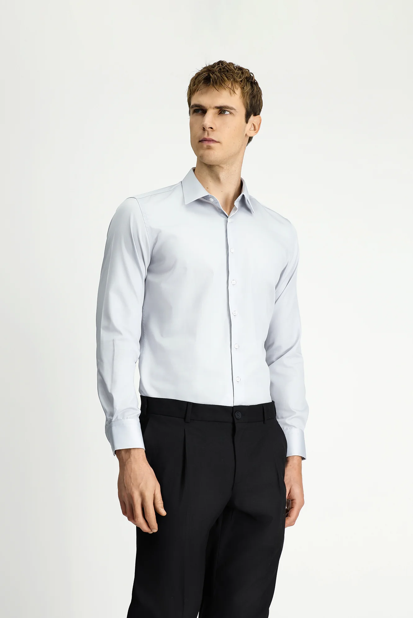 Orta Gri Uzun Kol Slim Fit Dar Kesim Pamuklu Non Iron Ütü Gerektirmeyen Saten Klasik Gömlek - Image 3