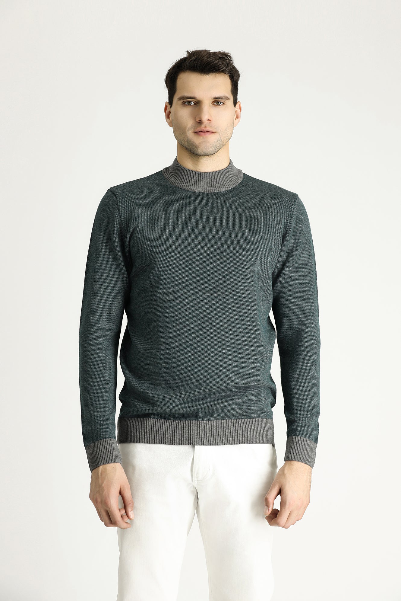Orta Gri Yarım Balıkçı Yaka Slim Fit Dar Kesim Desenli Triko Kazak - Image 3