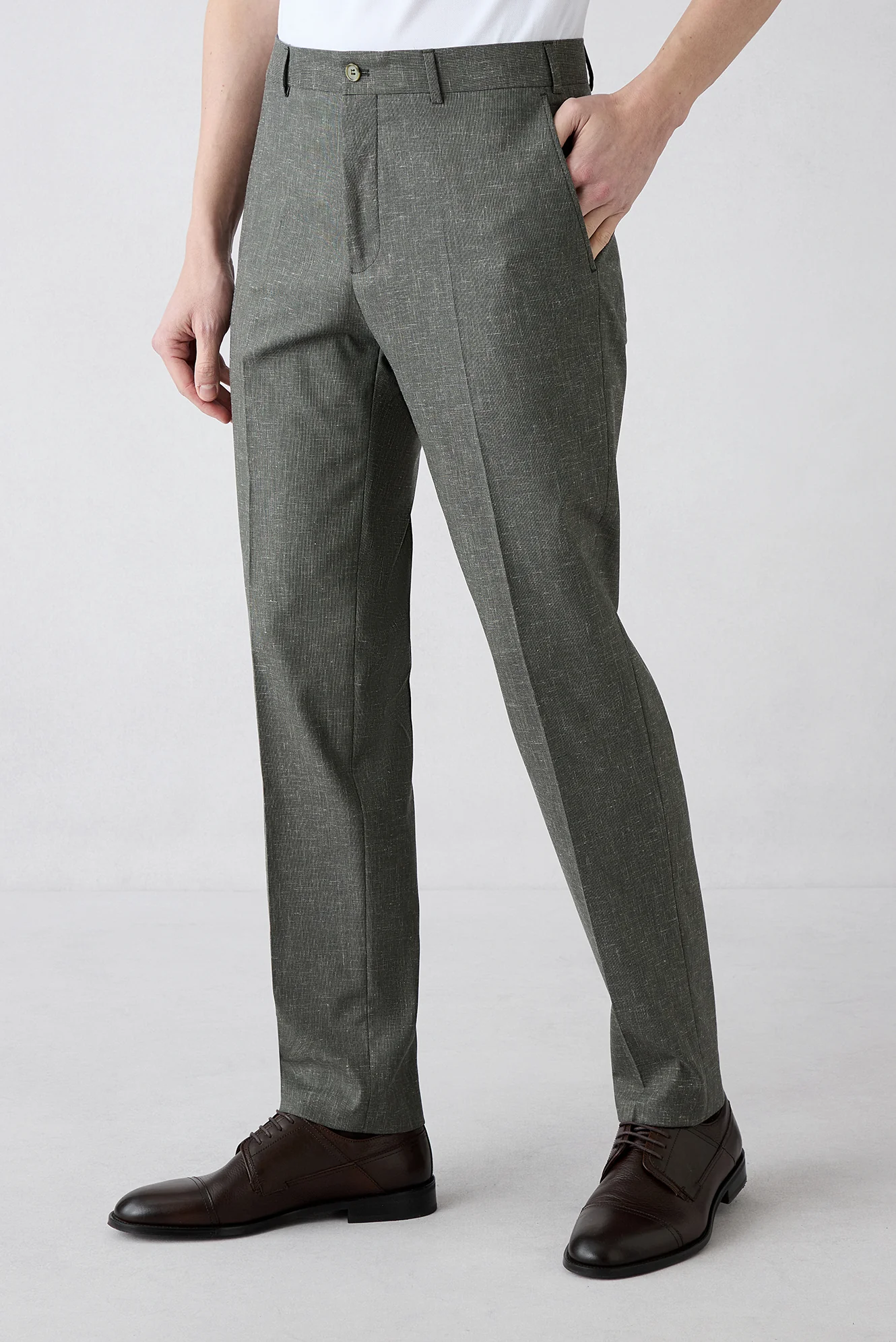 Orta Haki 4 Drop Relaxed Fit Rahat Kesim Keten Karışımlı Klasik Kumaş Pantolon - Image 2