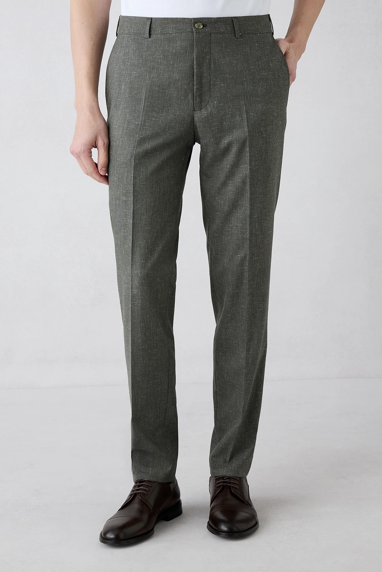 Orta Haki 4 Drop Relaxed Fit Rahat Kesim Keten Karışımlı Klasik Kumaş Pantolon - Image 6