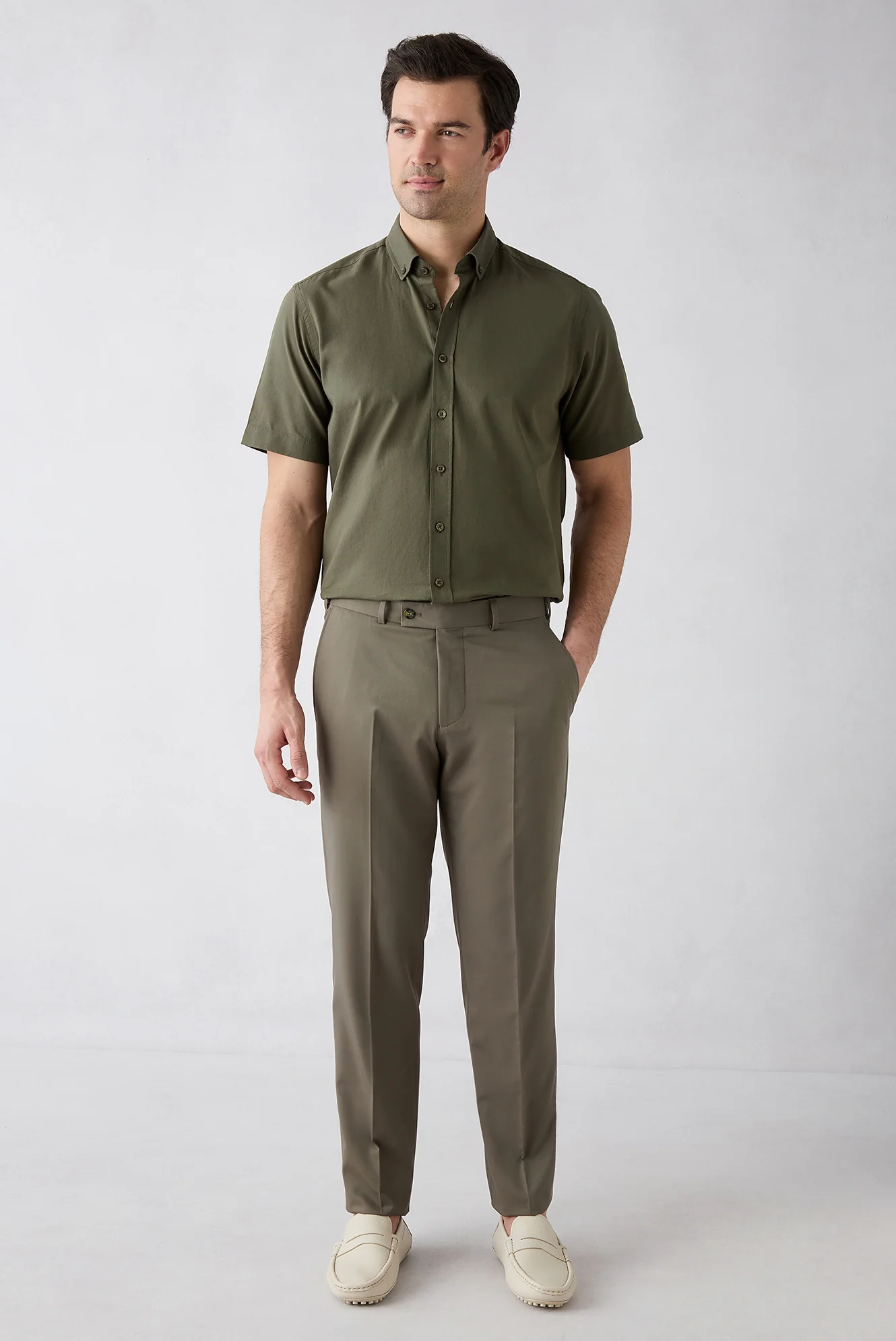 Orta Haki 4 Drop Relaxed Fit Rahat Kesim Klasik Kumaş Pantolon