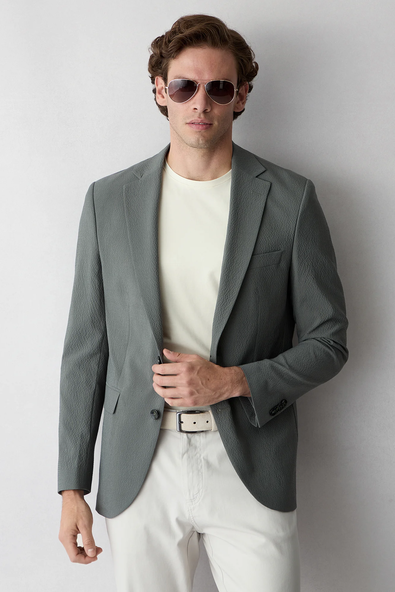 Orta Haki 7 Drop Slim Fit Dar Kesim Mono Yaka Gofreli Çizgili Ceket - Image 7