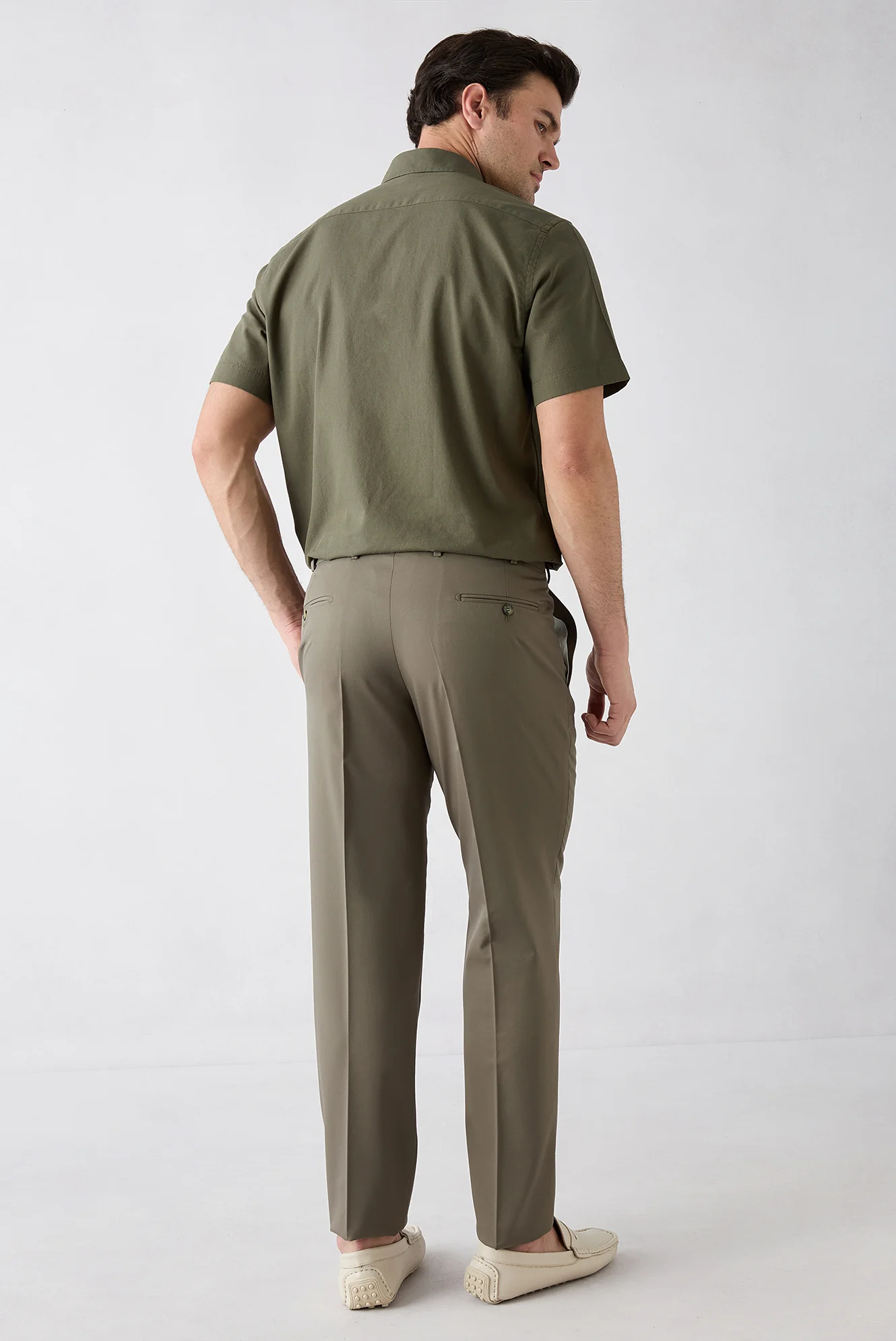 Orta Haki 8 Drop Long Slim Fit Uzun Dar Kesim Klasik Kumaş Pantolon - Image 4