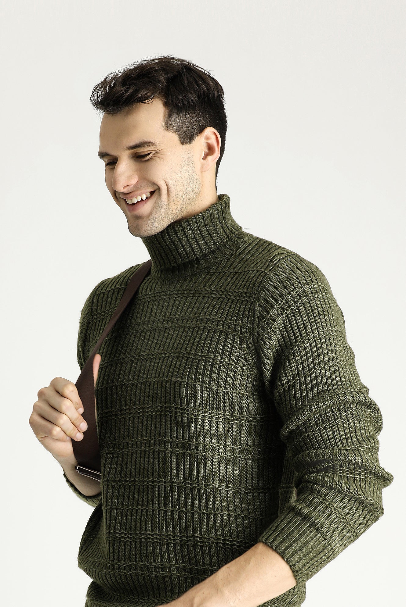 Orta Haki Balıkçı Yaka Slim Fit Dar Kesim Desenli Triko Kazak