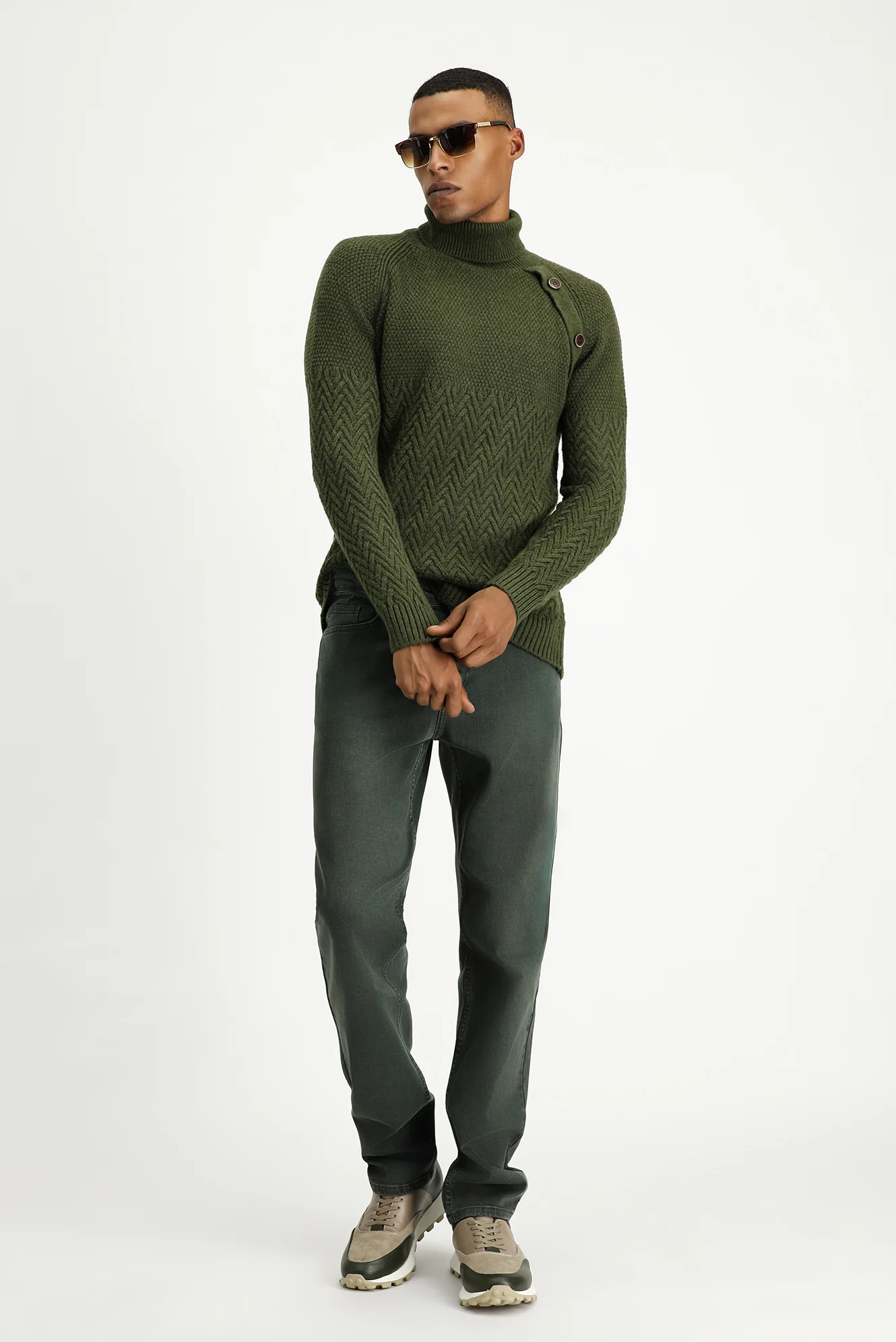 Orta Haki Balıkçı Yaka Slim Fit Dar Kesim Desenli Yünlü Triko Kazak - Image 2