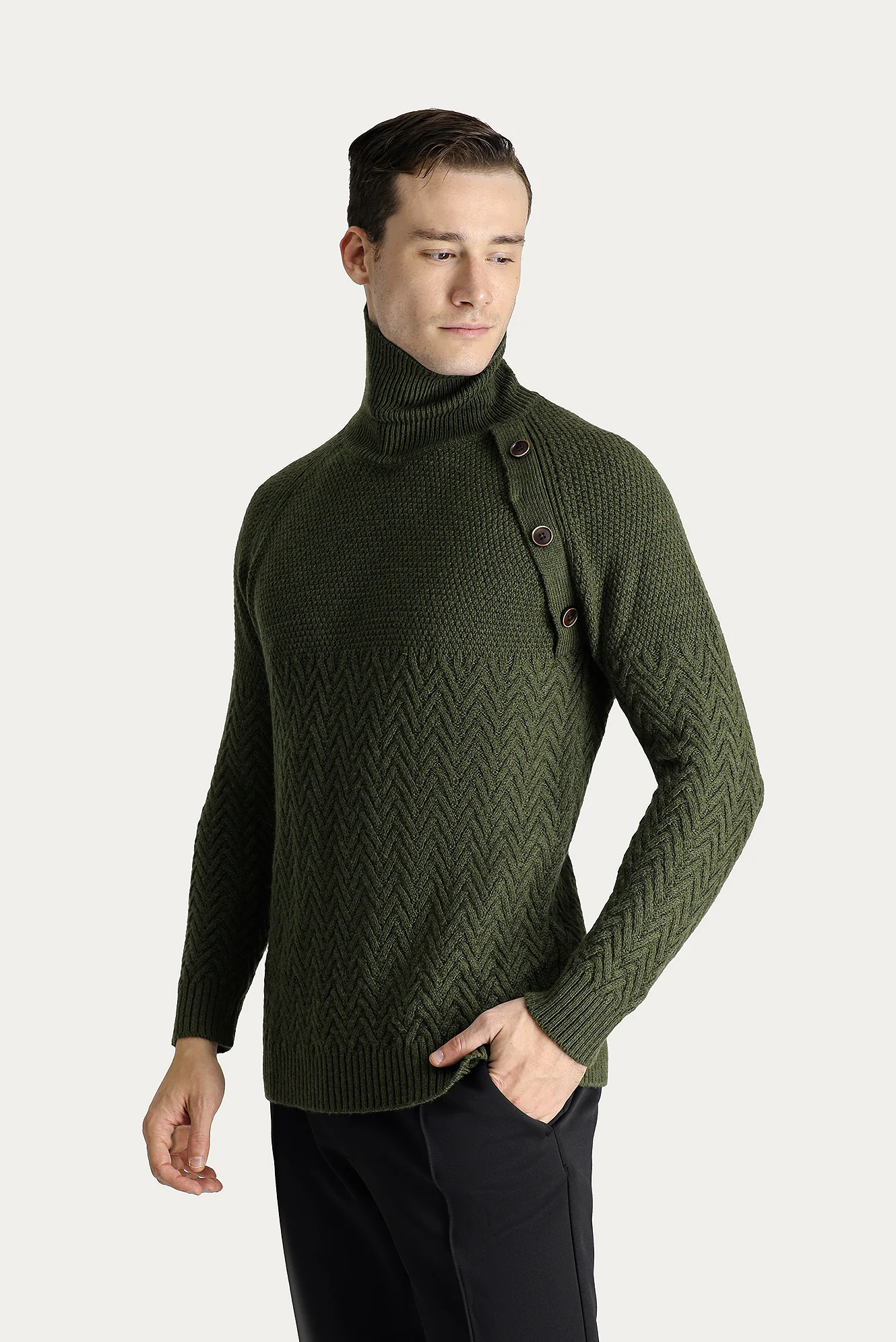 Orta Haki Balıkçı Yaka Slim Fit Dar Kesim Desenli Yünlü Triko Kazak - Image 2