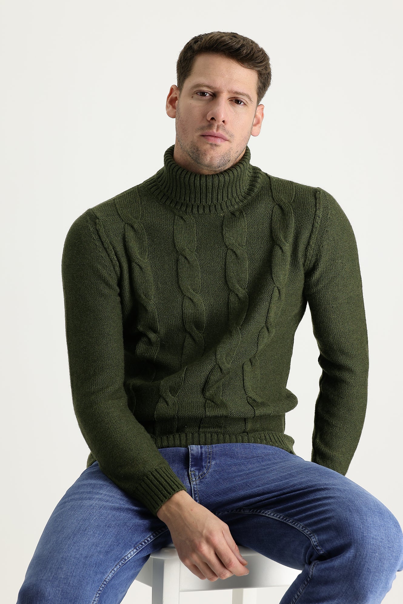 Orta Haki Balıkçı Yaka Slim Fit Dar Kesim Yünlü Desenli Triko Kazak