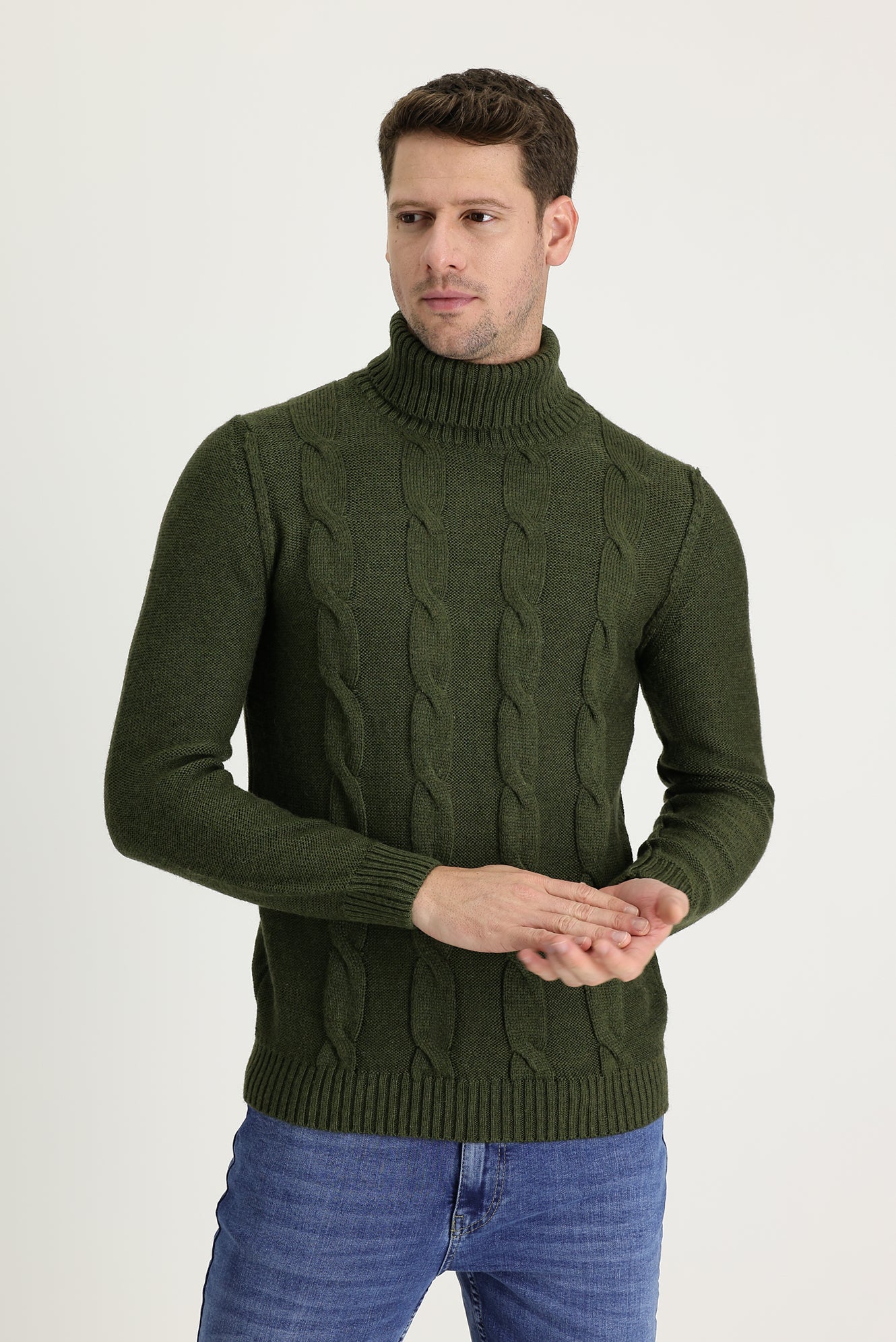Orta Haki Balıkçı Yaka Slim Fit Dar Kesim Yünlü Desenli Triko Kazak - Image 2