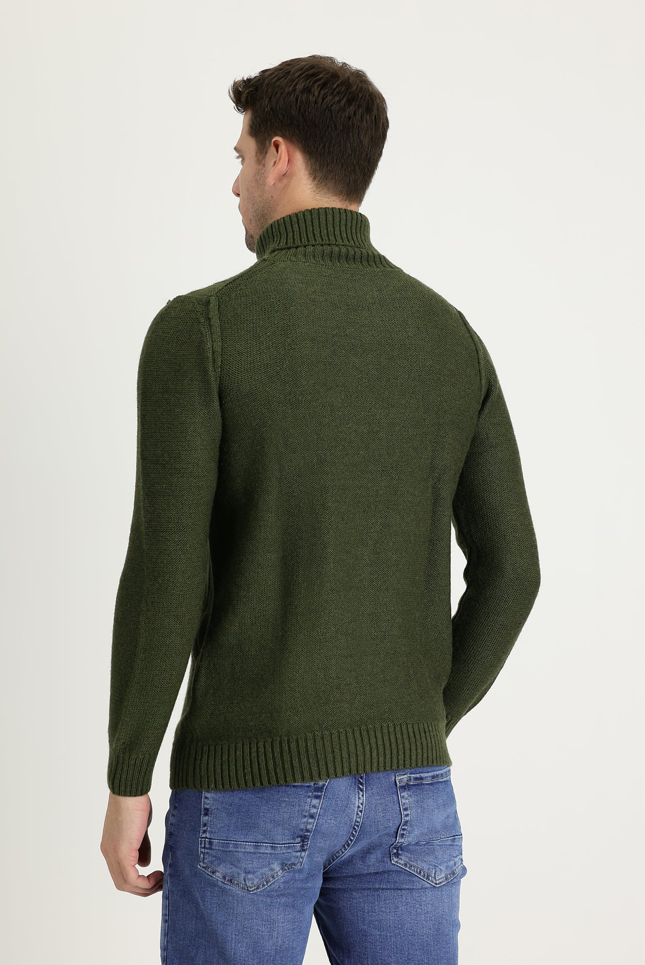 Orta Haki Balıkçı Yaka Slim Fit Dar Kesim Yünlü Desenli Triko Kazak - Image 3