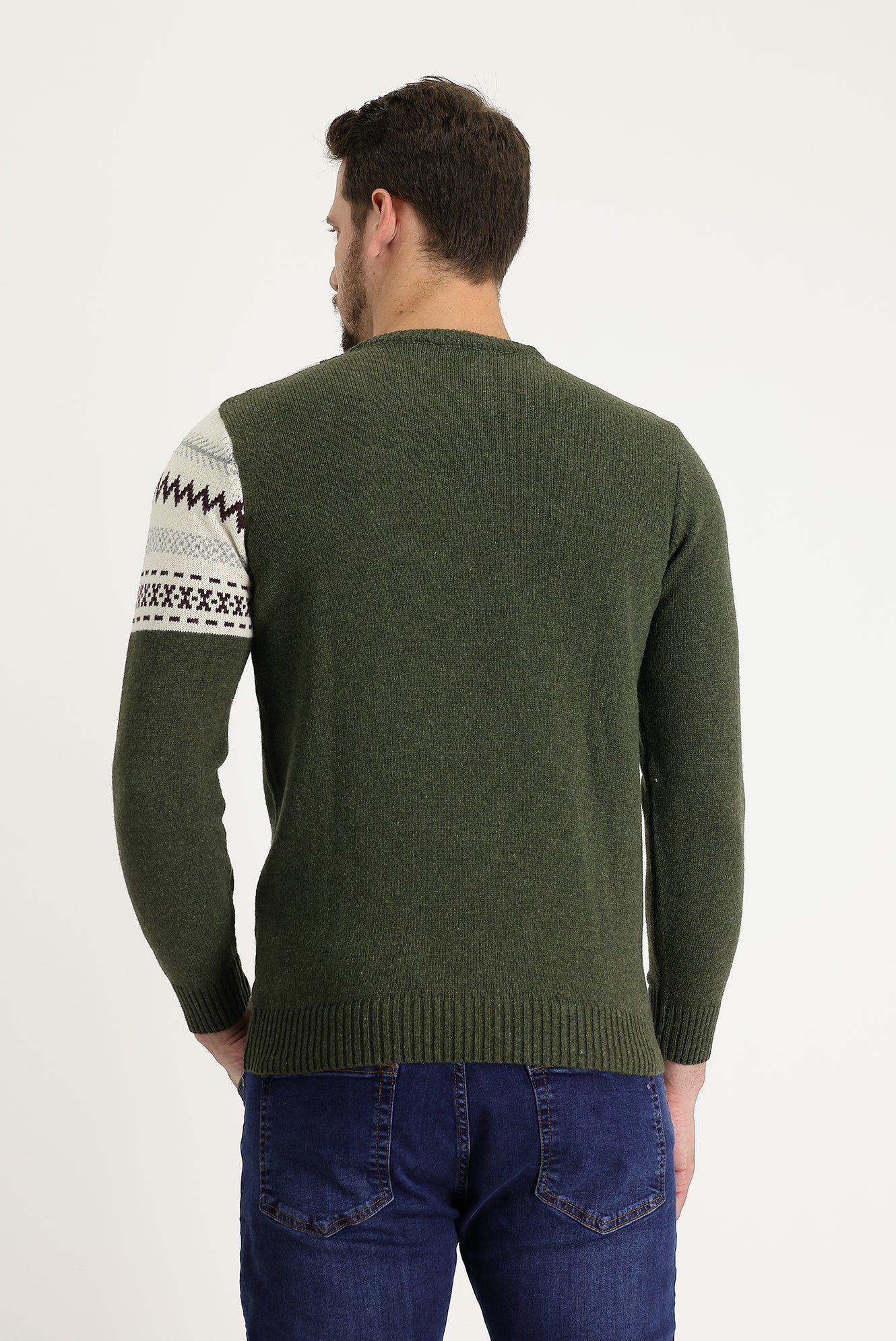 Orta Haki Bisiklet Yaka Slim Fit Desenli Yünlü Triko Kazak - Image 3