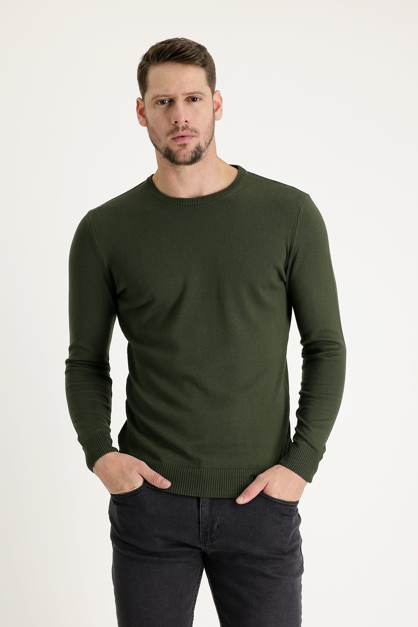 Orta Haki Bisiklet Yaka Regular Fit Triko Kazak