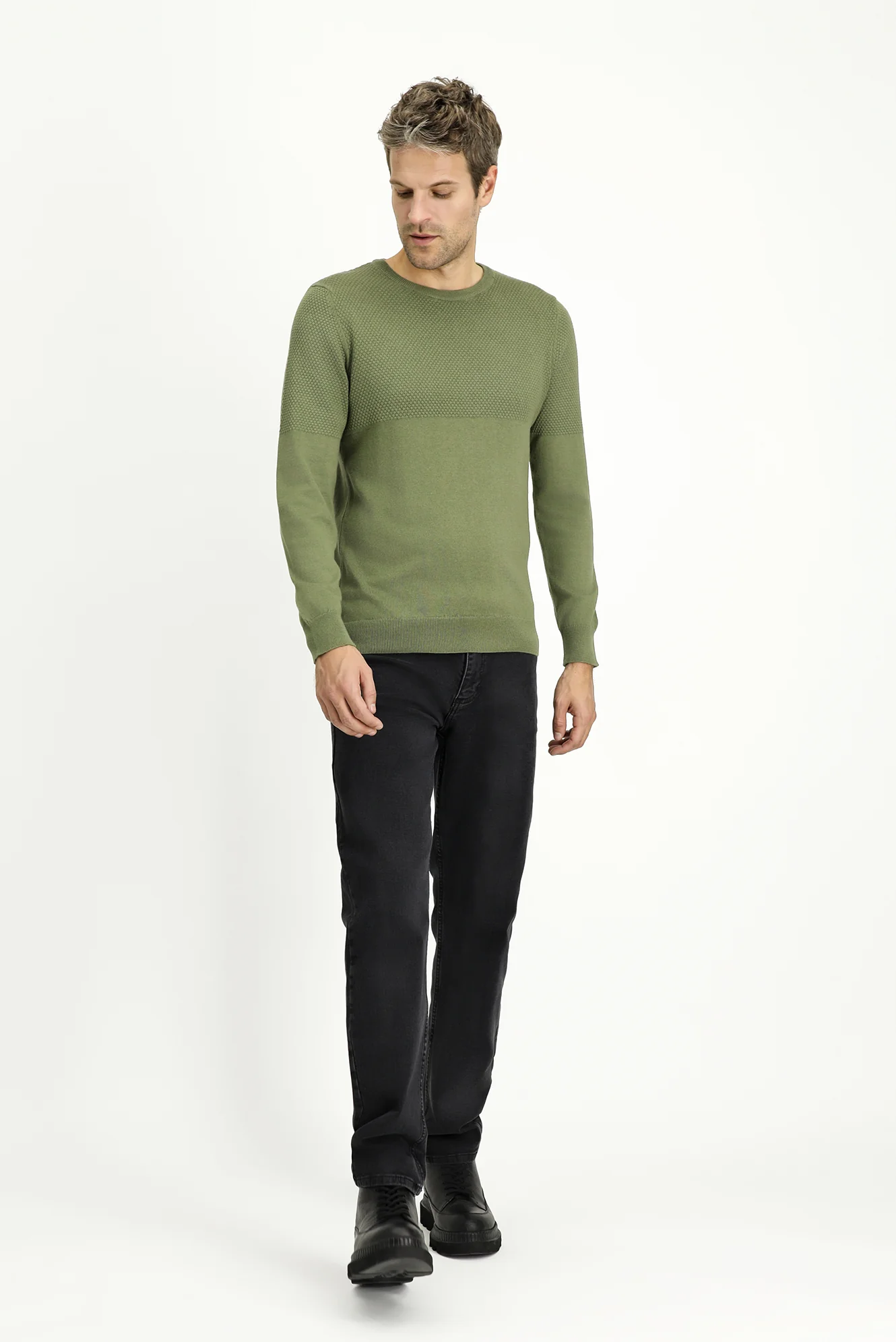 Orta Haki Bisiklet Yaka Slim Fit Dar Kesim Desenli Pamuklu Triko Kazak - Image 2