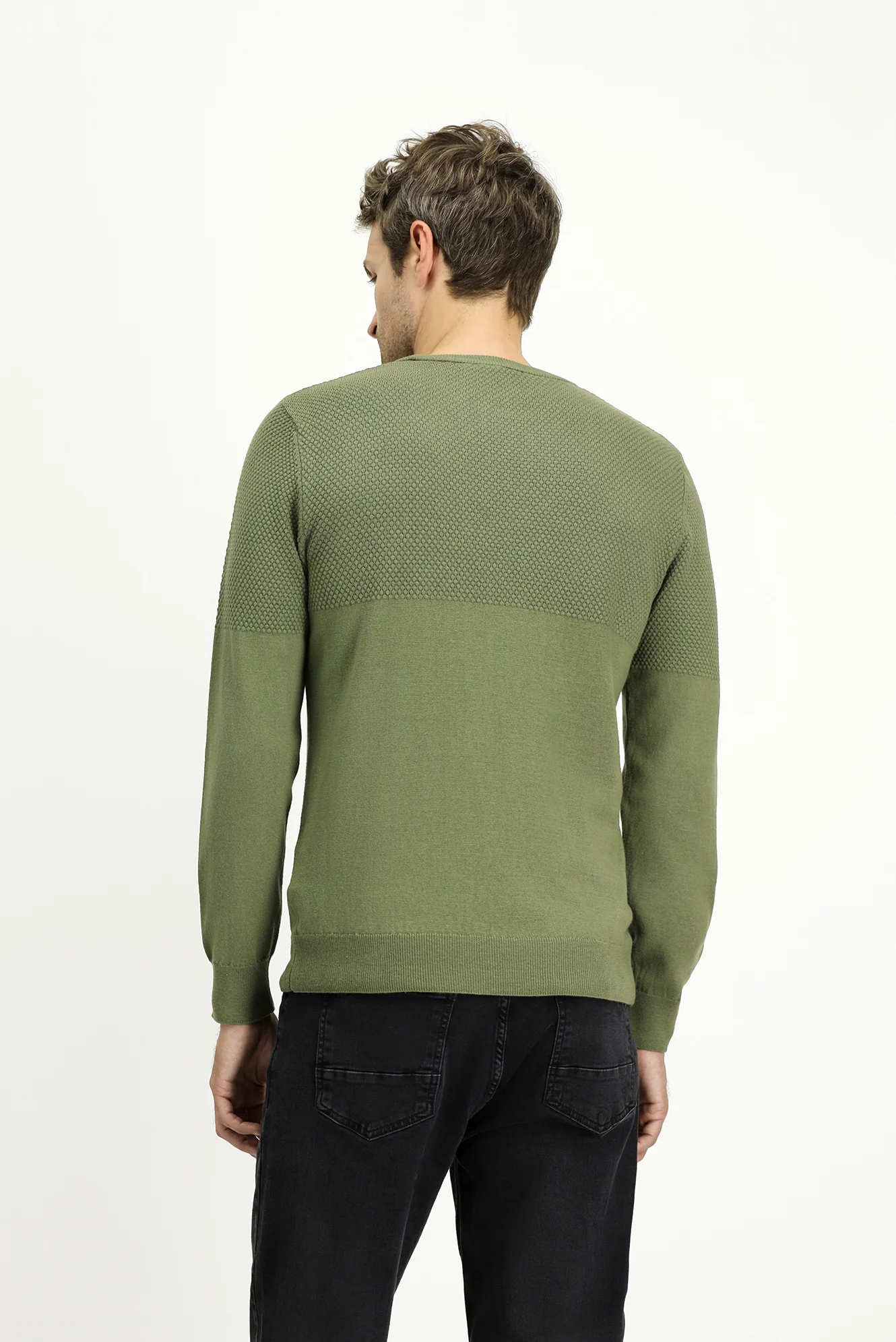 Orta Haki Bisiklet Yaka Slim Fit Dar Kesim Desenli Pamuklu Triko Kazak - Image 4