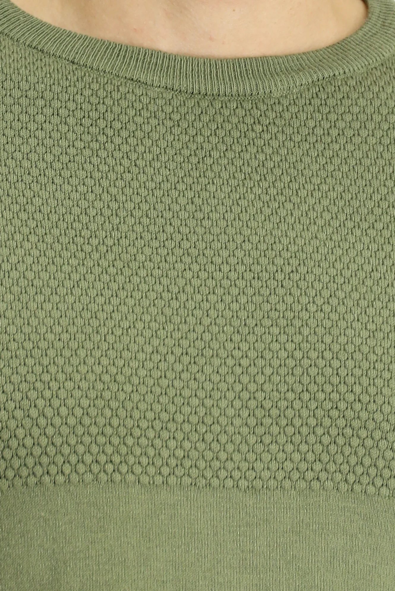 Orta Haki Bisiklet Yaka Slim Fit Dar Kesim Desenli Pamuklu Triko Kazak - Image 5