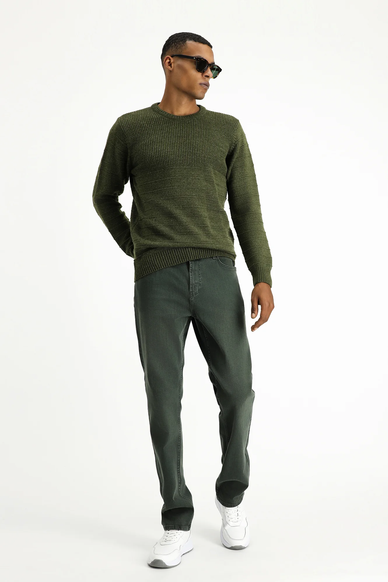 Orta Haki Bisiklet Yaka Slim Fit Dar Kesim Desenli Triko Kazak - Image 2