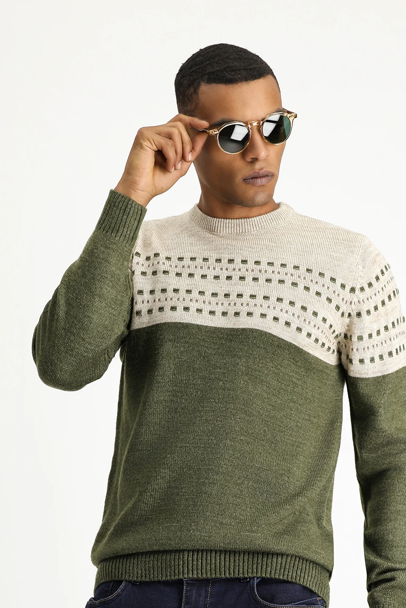 Orta Haki Bisiklet Yaka Slim Fit Desenli Triko Kazak - Image 3