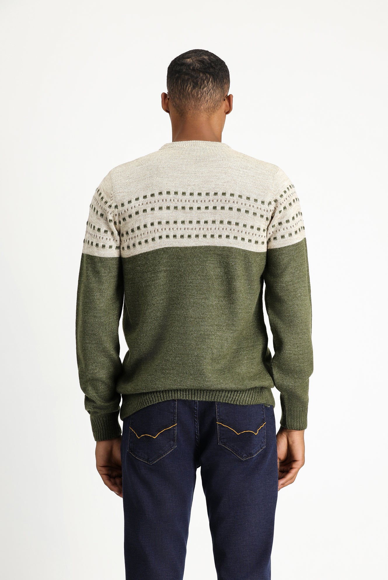Orta Haki Bisiklet Yaka Slim Fit Desenli Triko Kazak - Image 4