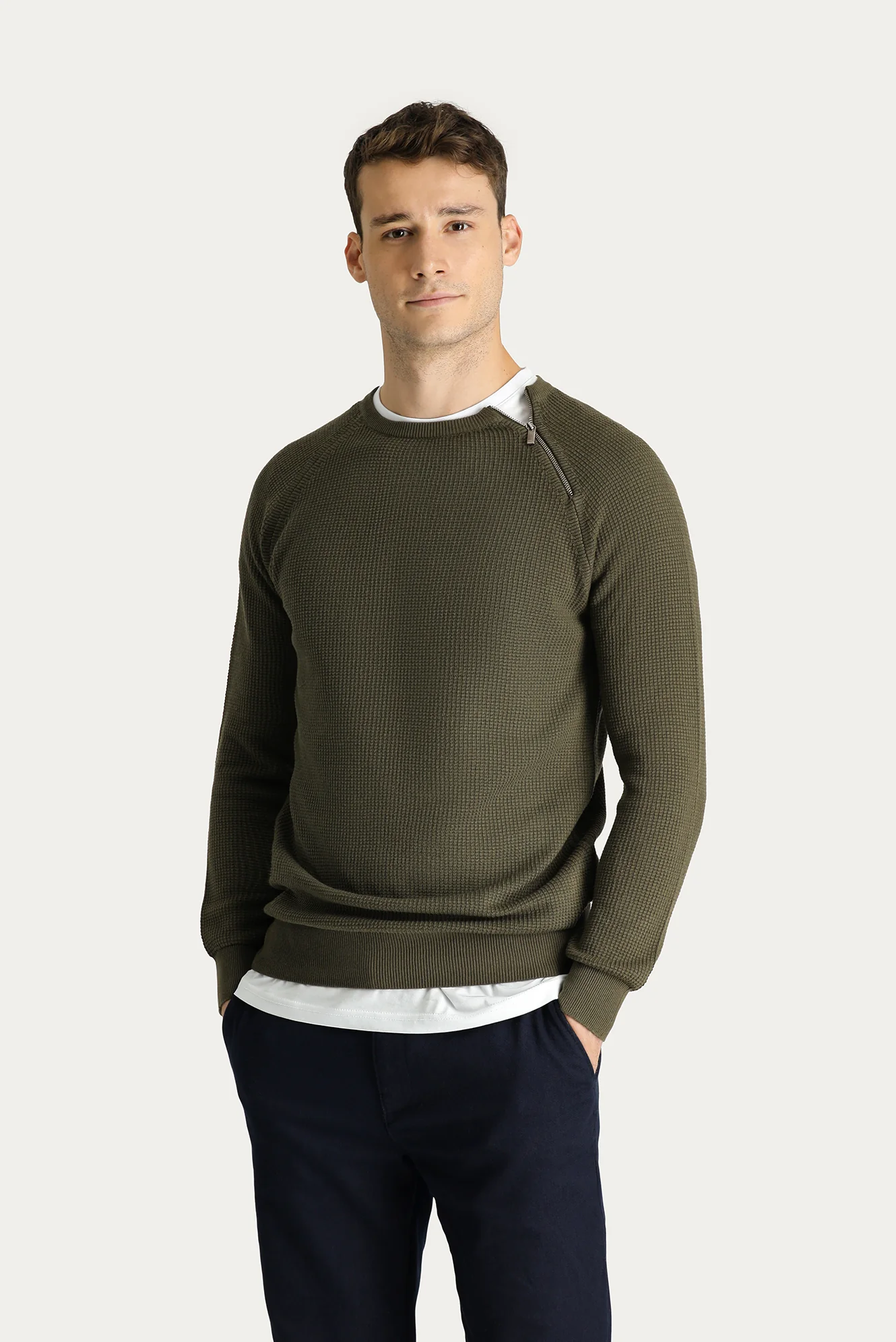 Orta Haki Bisiklet Yaka Slim Fit Dar Kesim Fermuarlı Desenli Triko Kazak - Image 2