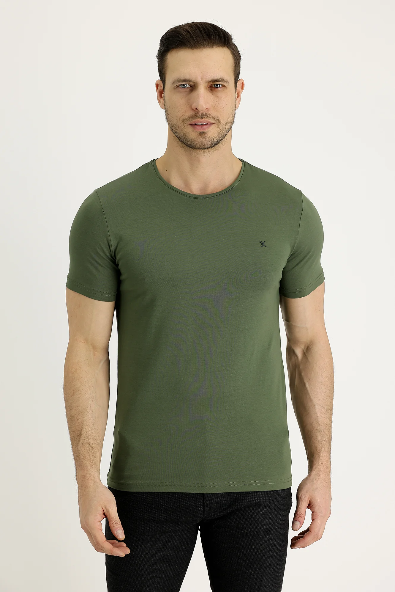 Orta Haki Bisiklet Yaka Slim Fit Dar Kesim Nakışlı Tişört