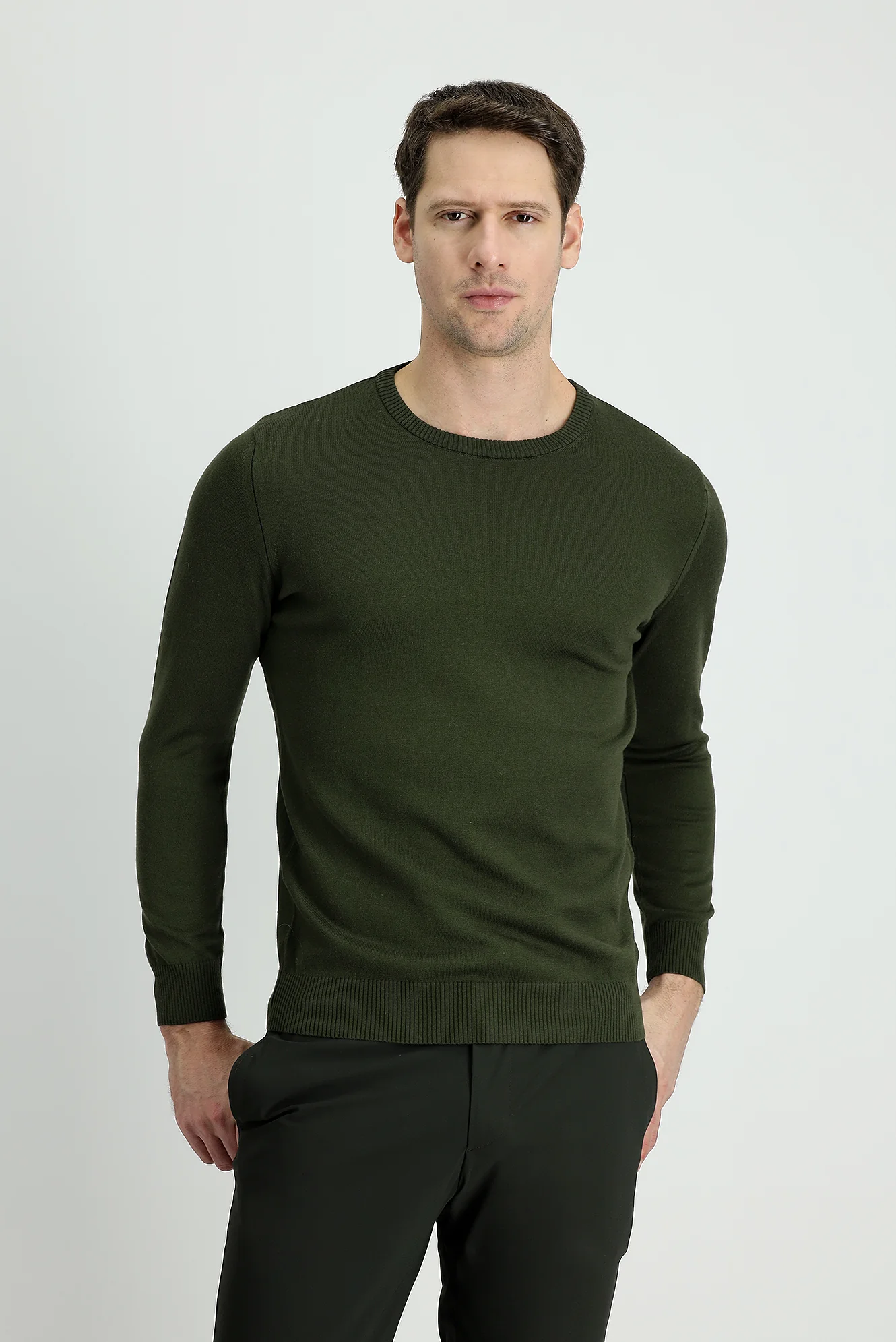 Orta Haki Bisiklet Yaka Slim Fit Dar Kesim Pamuklu Triko Kazak - Image 2