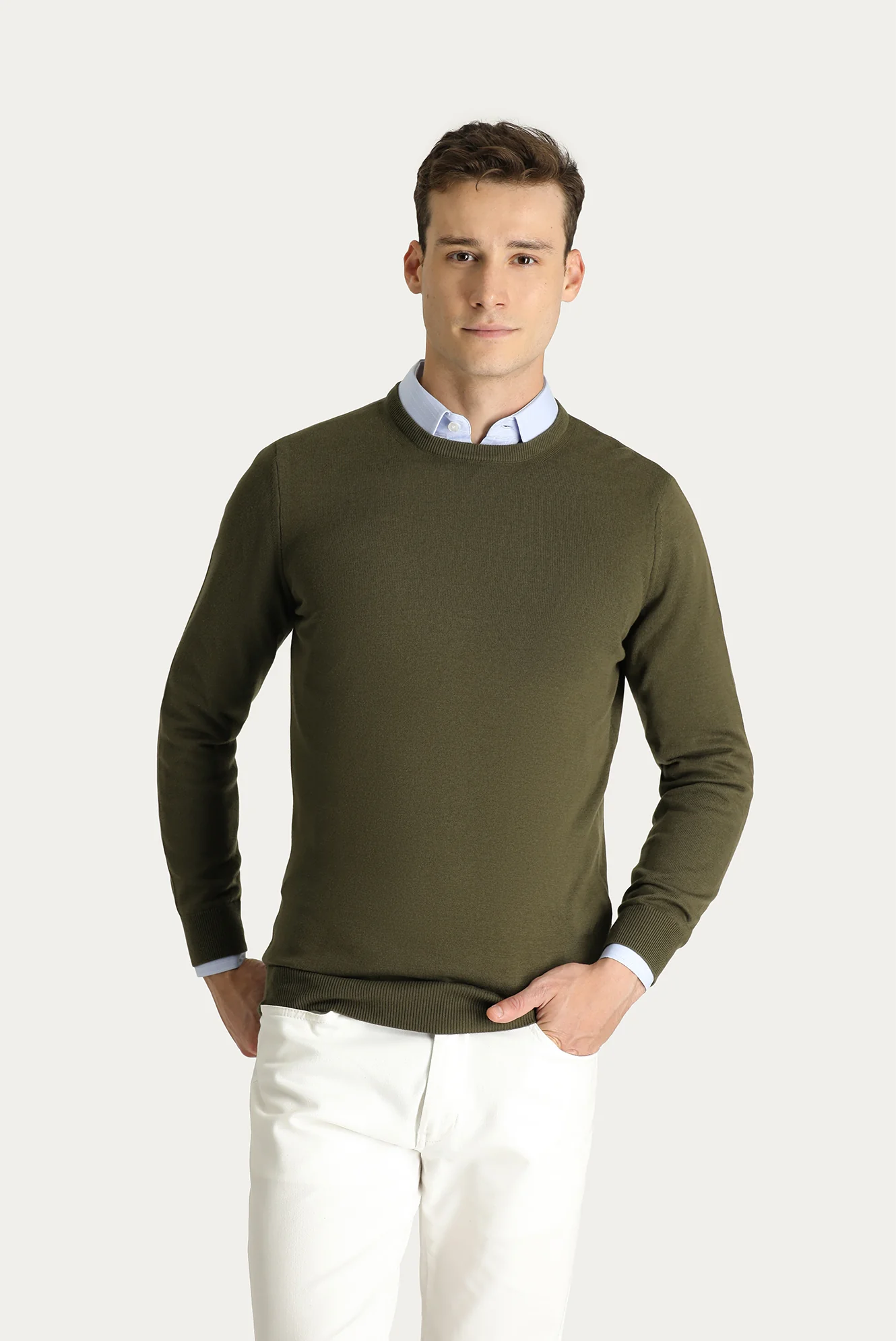 Orta Haki Bisiklet Yaka Slim Fit Dar Kesim Pamuklu Triko Kazak - Image 2