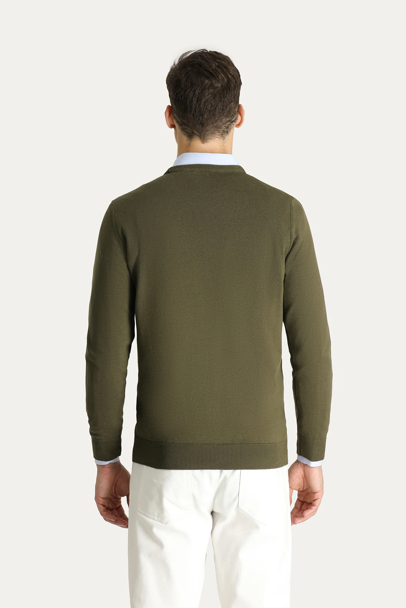 Orta Haki Bisiklet Yaka Slim Fit Dar Kesim Pamuklu Triko Kazak - Image 3