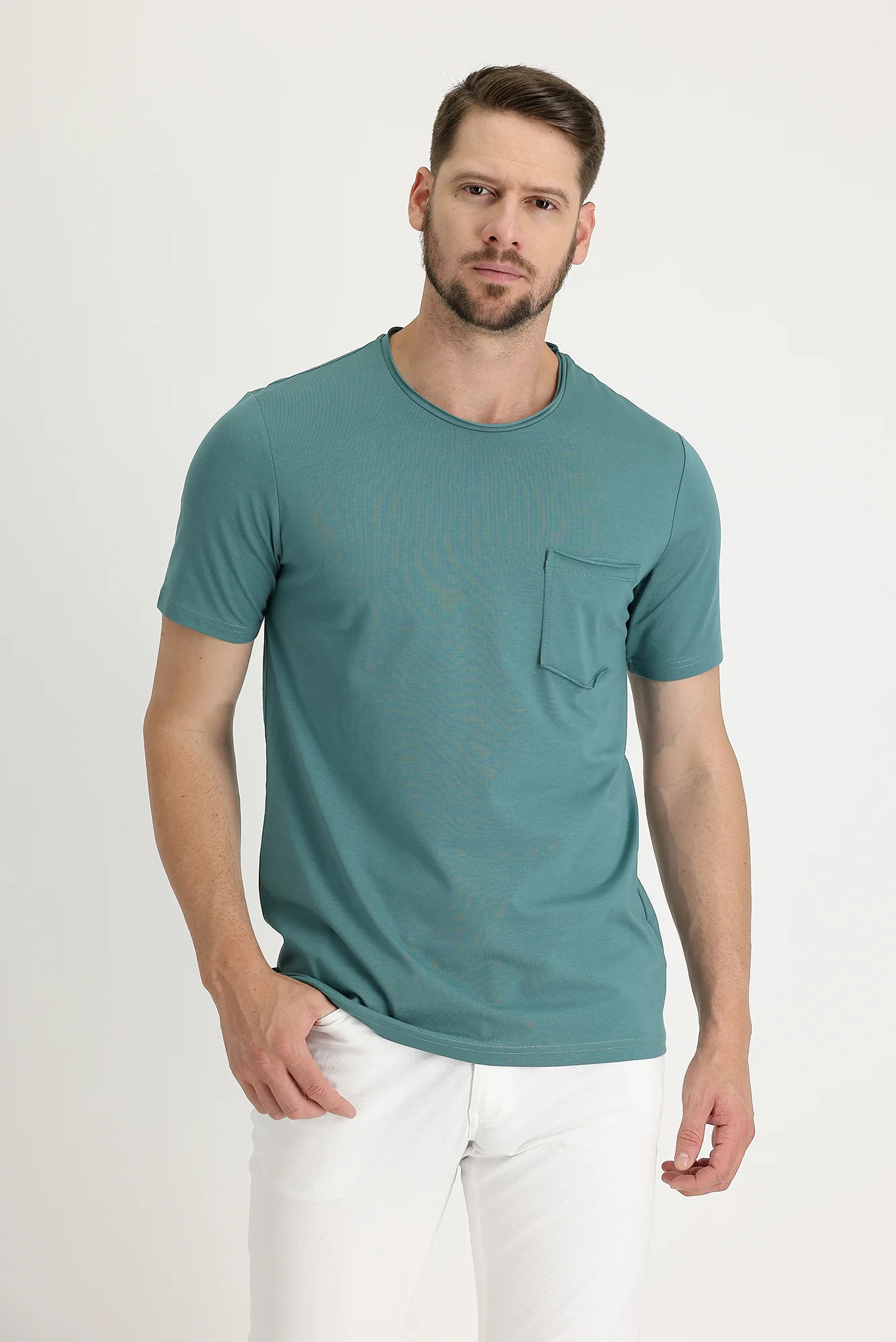Orta Haki Bisiklet Yaka Slim Fit Dar Kesim Tişört - Image 2