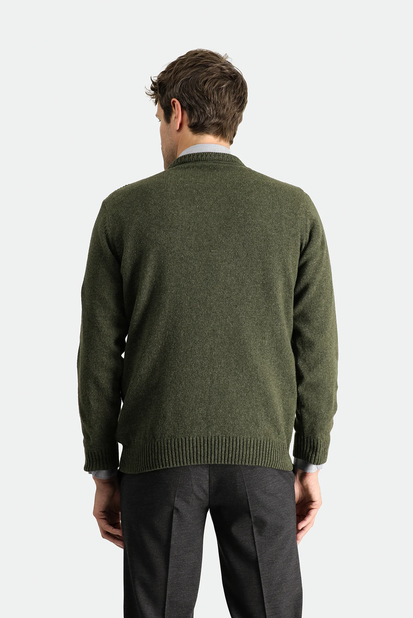 Orta Haki Bisiklet Yaka Slim Fit Dar Kesim Yünlü Desenli Triko Kazak - Image 4
