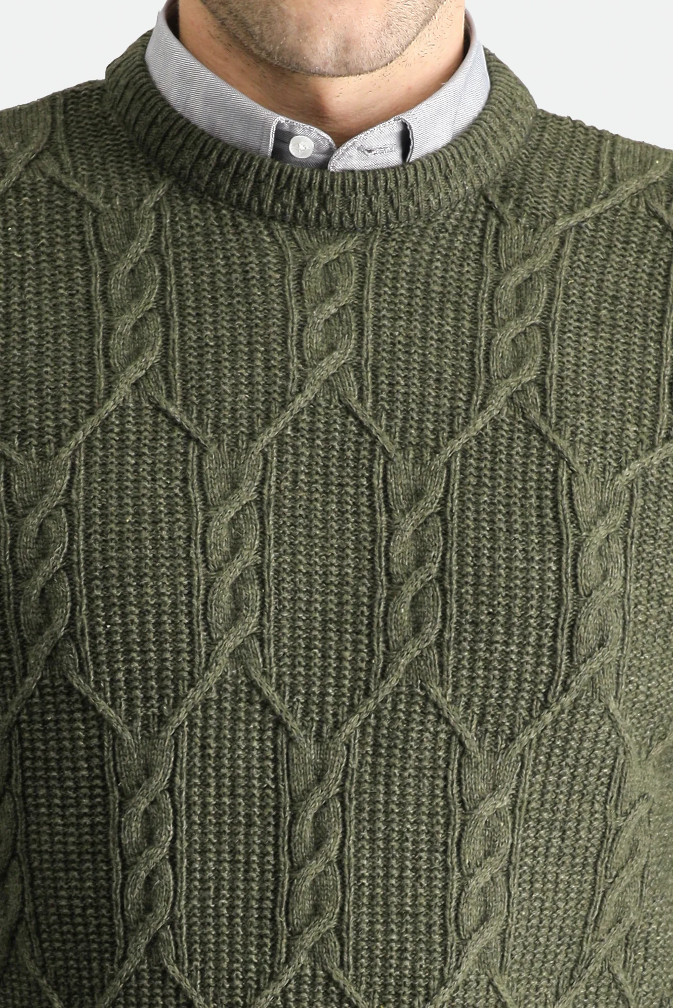 Orta Haki Bisiklet Yaka Slim Fit Dar Kesim Yünlü Desenli Triko Kazak - Image 5
