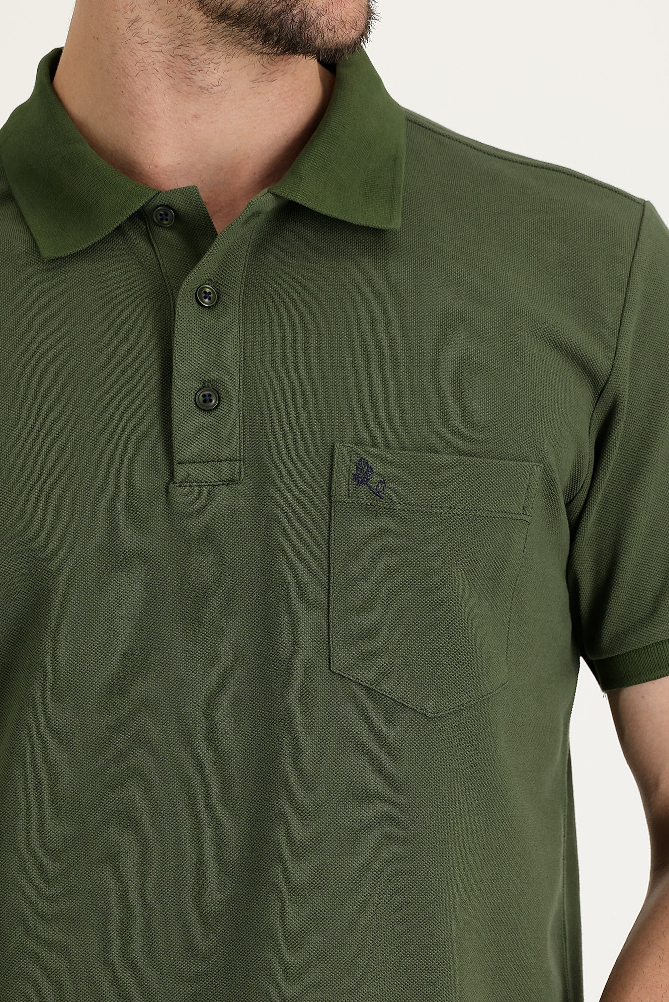 Orta Haki Cepli Polo Yaka Regular Fit Nakışlı Pamuk Tişört - Image 3
