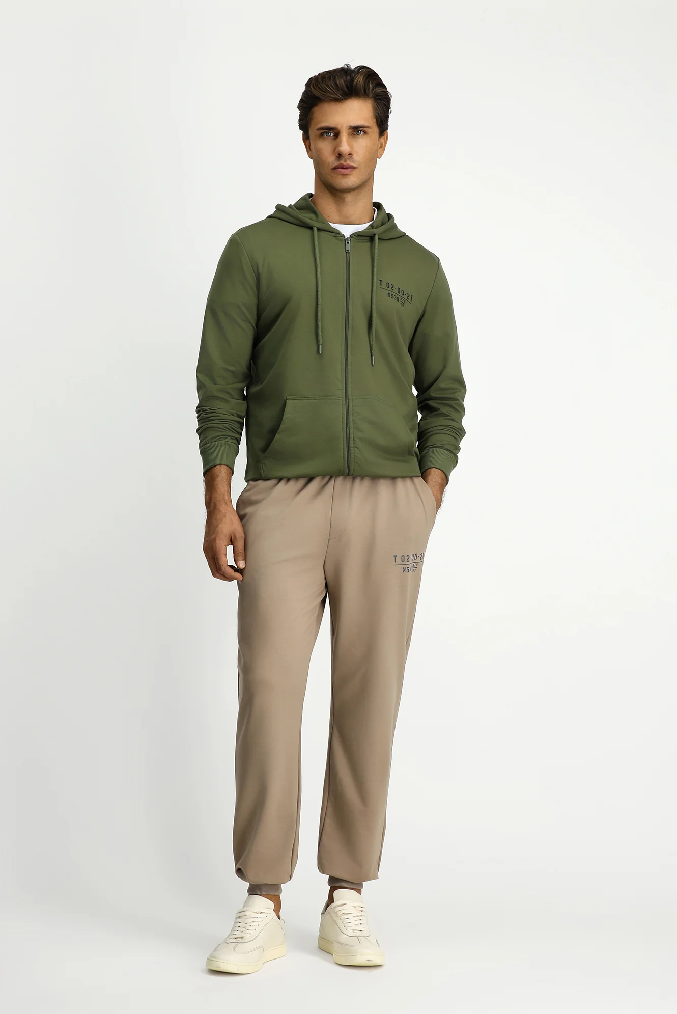 Orta Haki Kapüşonlu Regular Fit Fermuarlı Baskılı Pamuklu Sweatshirt - Image 2