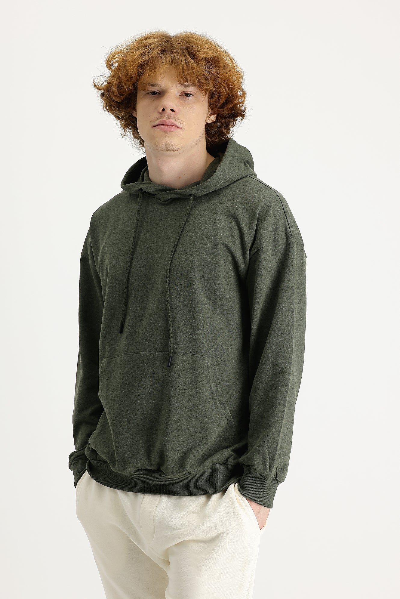 Orta Haki Kapüşonlu Oversize Pamuklu Sweatshirt - Image 2