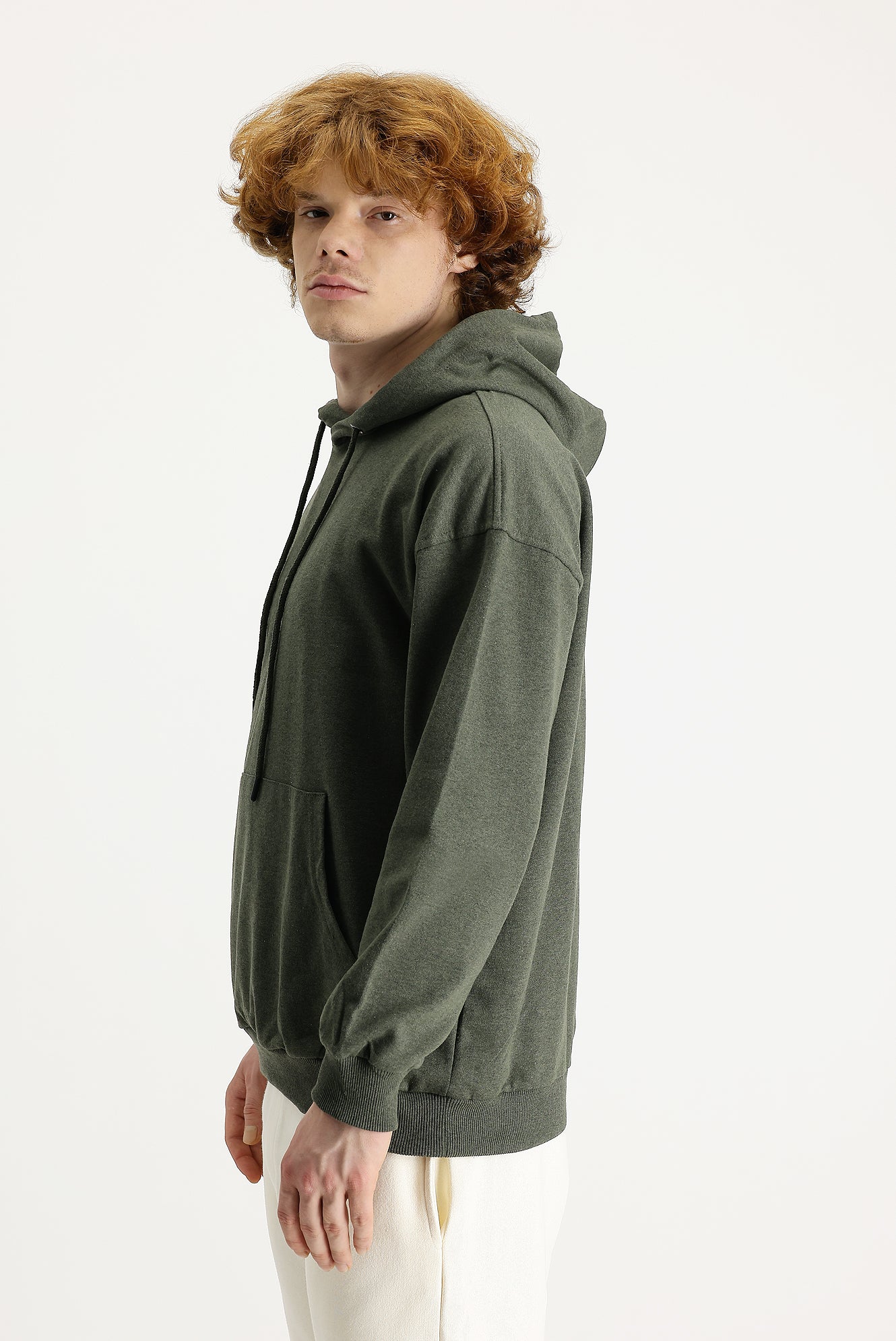 Orta Haki Kapüşonlu Oversize Pamuklu Sweatshirt - Image 4