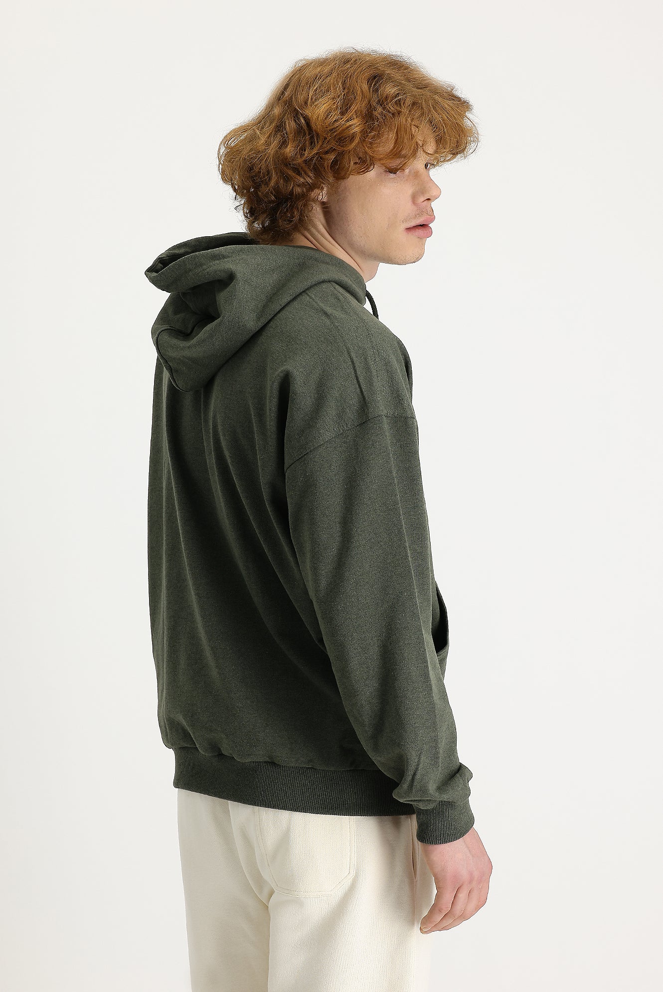 Orta Haki Kapüşonlu Oversize Pamuklu Sweatshirt - Image 5