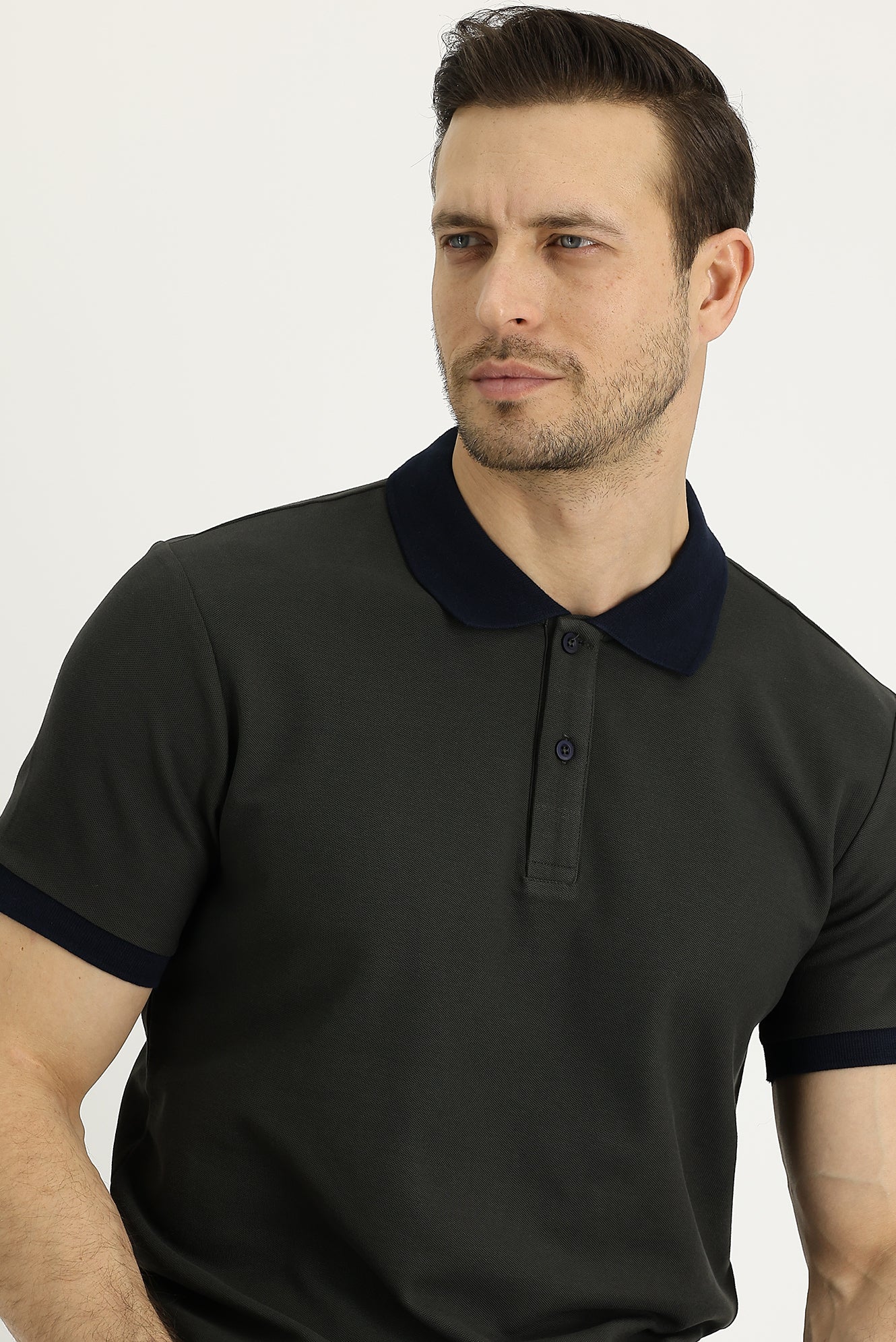 Orta Haki Polo Yaka Slim Fit Dar Kesim Desenli Pamuk Tişört