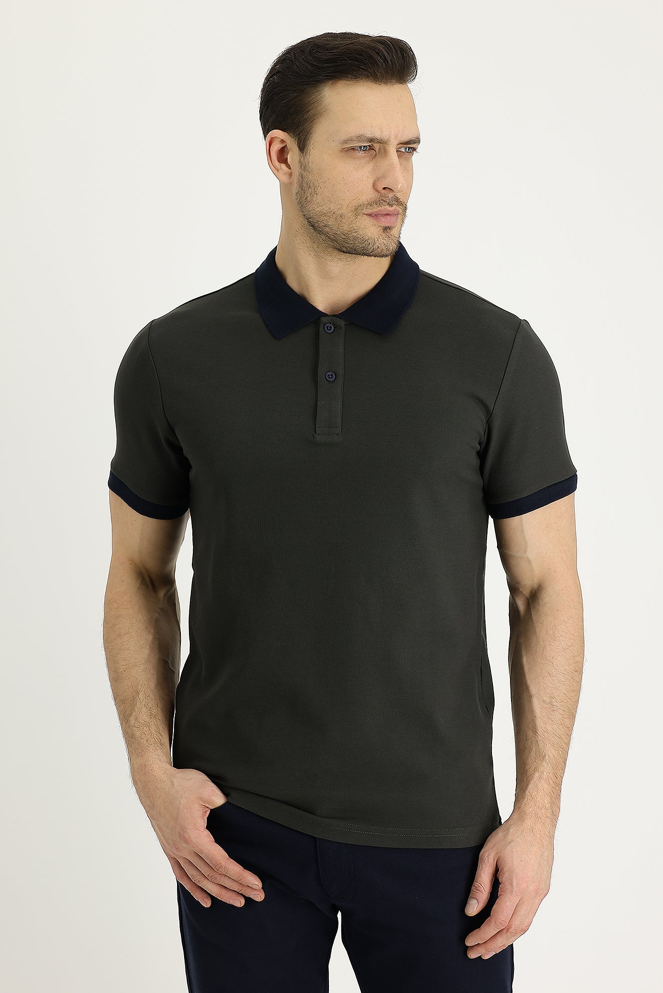 Orta Haki Polo Yaka Slim Fit Dar Kesim Desenli Pamuk Tişört - Image 2