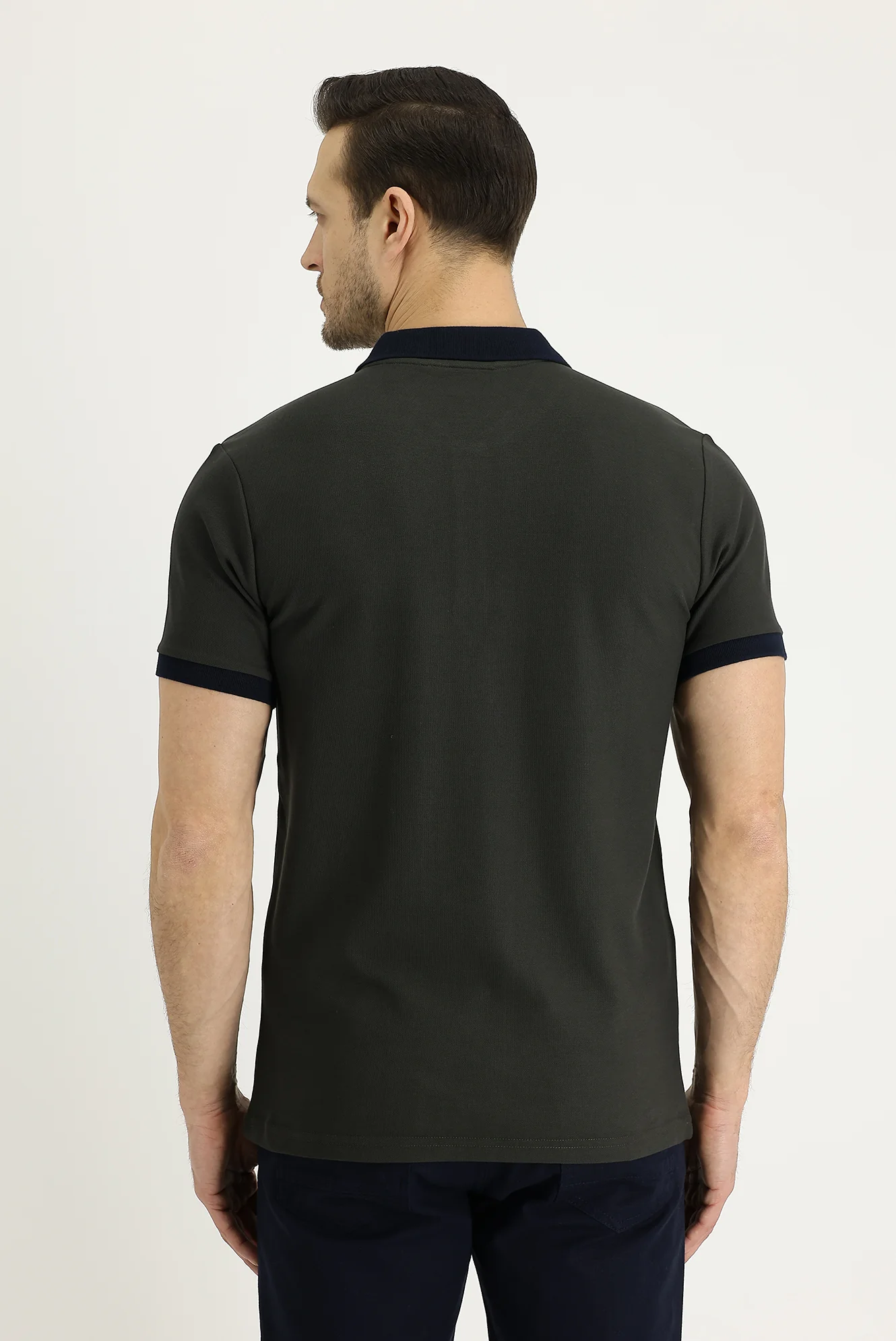 Orta Haki Polo Yaka Slim Fit Dar Kesim Desenli Pamuk Tişört - Image 3
