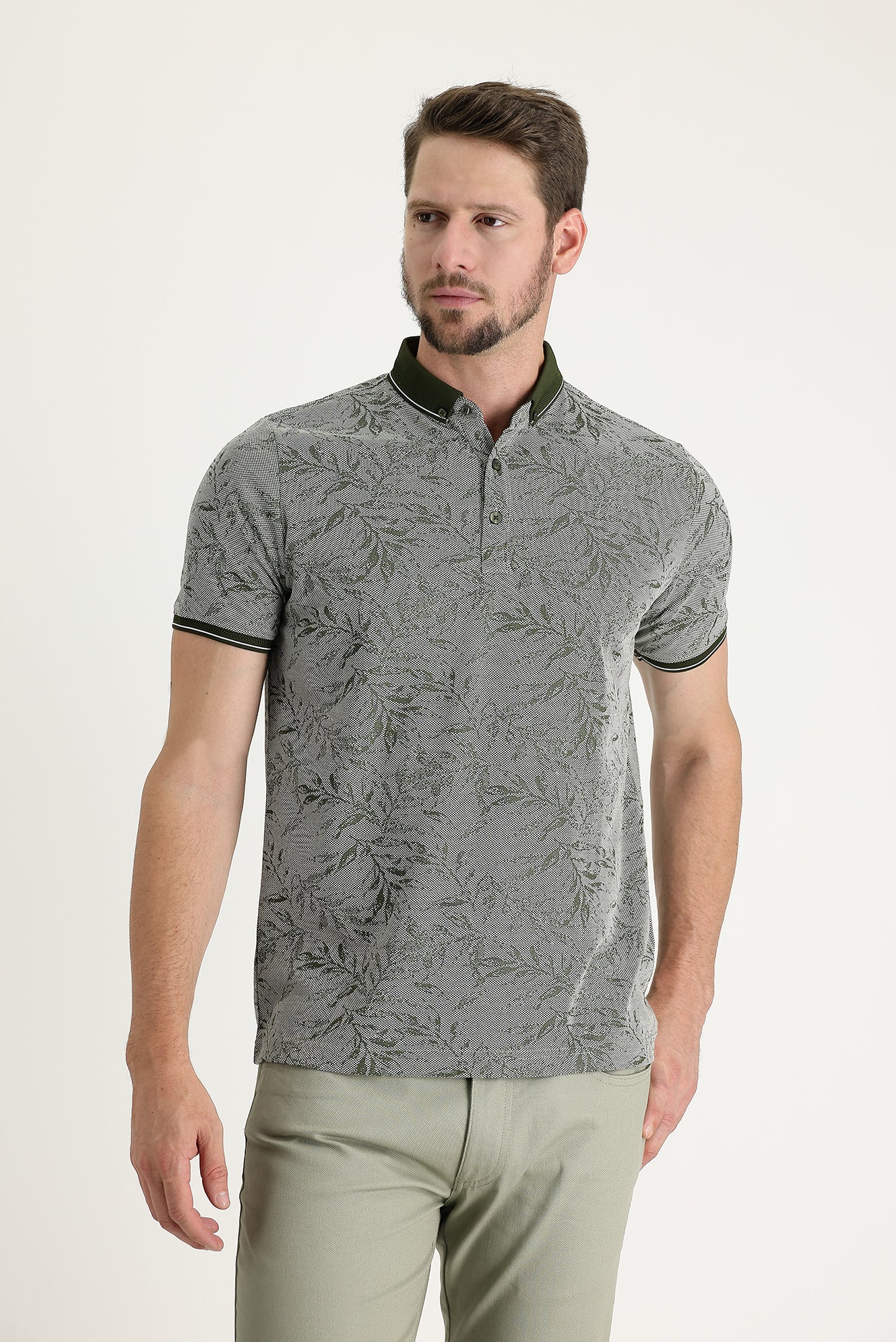 Orta Haki Polo Yaka Regular Fit Desenli Tişört - Image 2