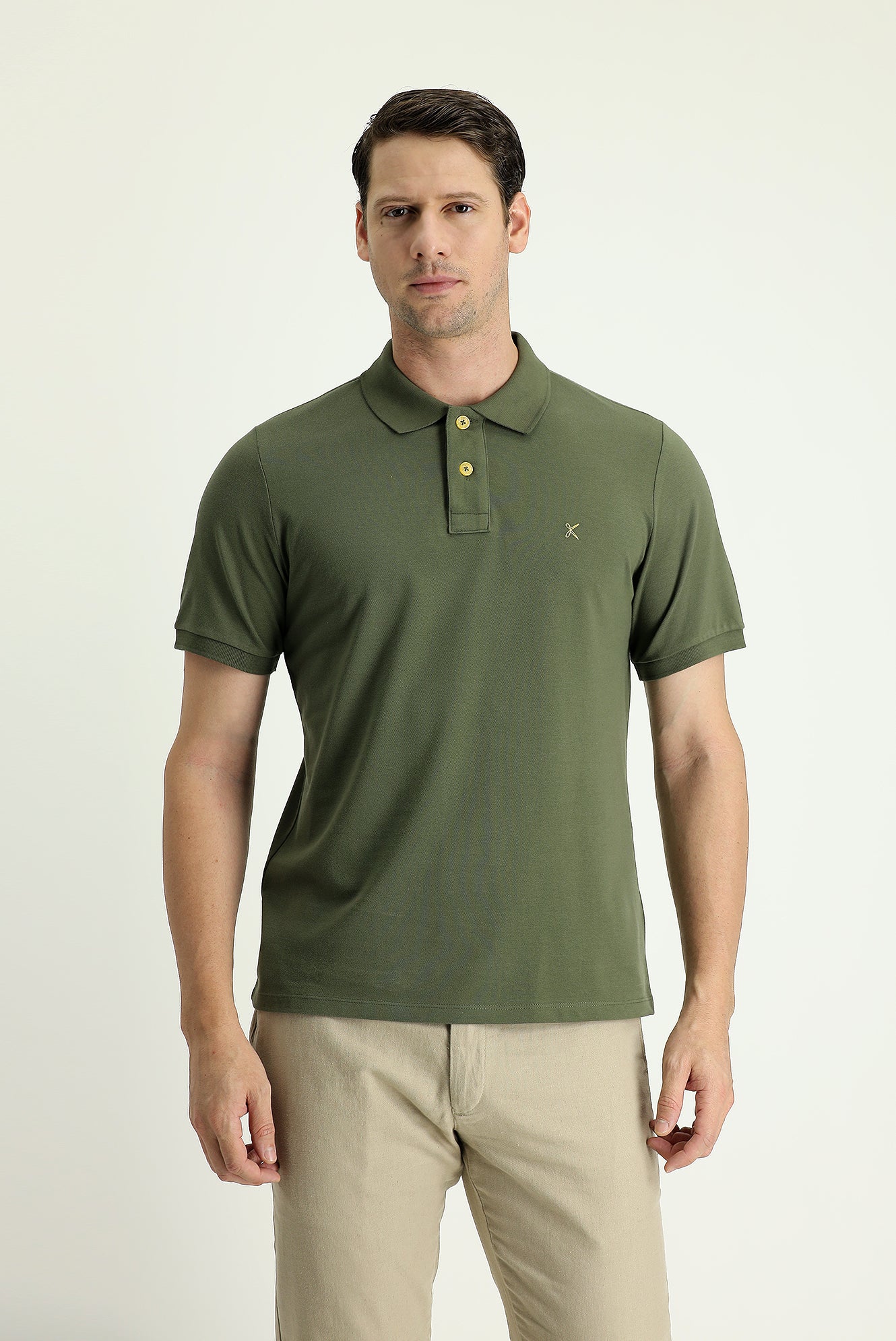 Orta Haki Polo Yaka Regular Fit Nakışlı Pamuk Tişört - Image 2