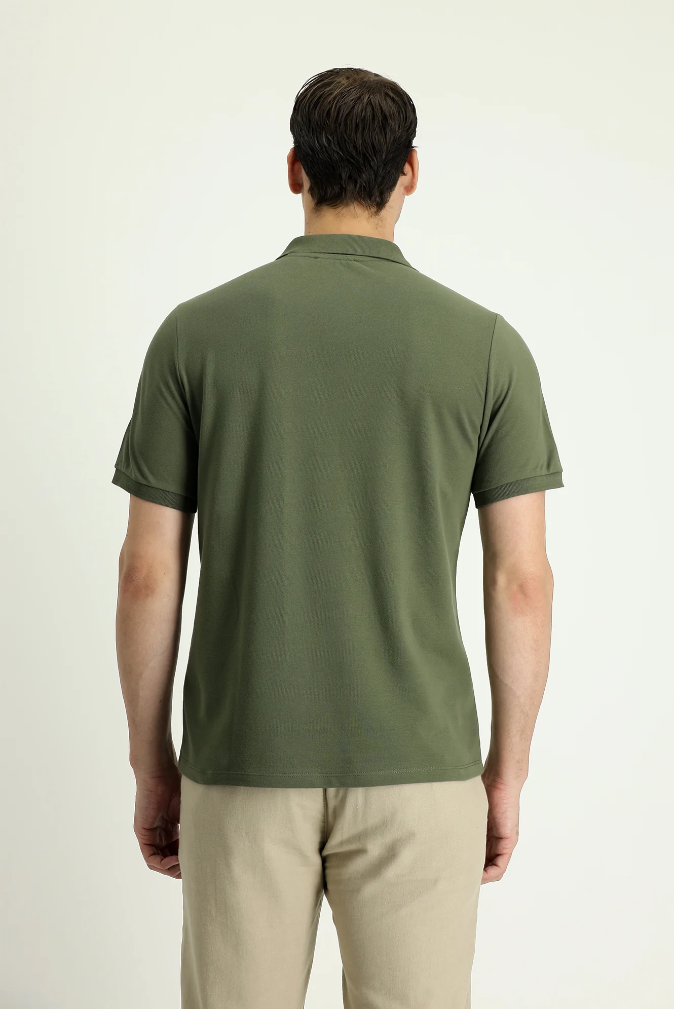 Orta Haki Polo Yaka Regular Fit Nakışlı Pamuk Tişört - Image 3