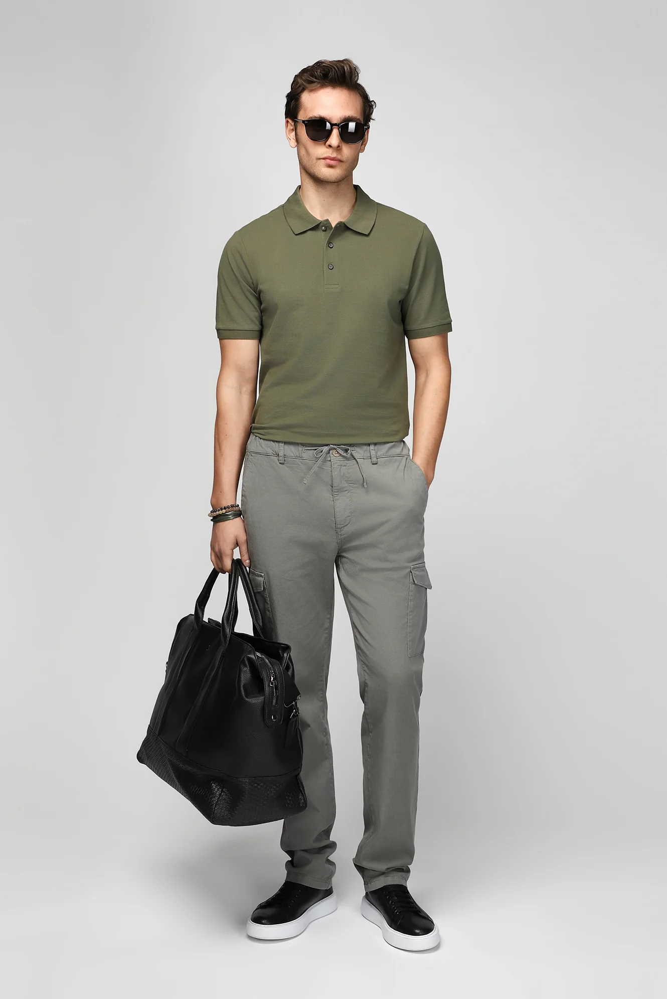 Orta Haki Polo Yaka Regular Fit Nakışlı Pamuk Tişört - Image 3