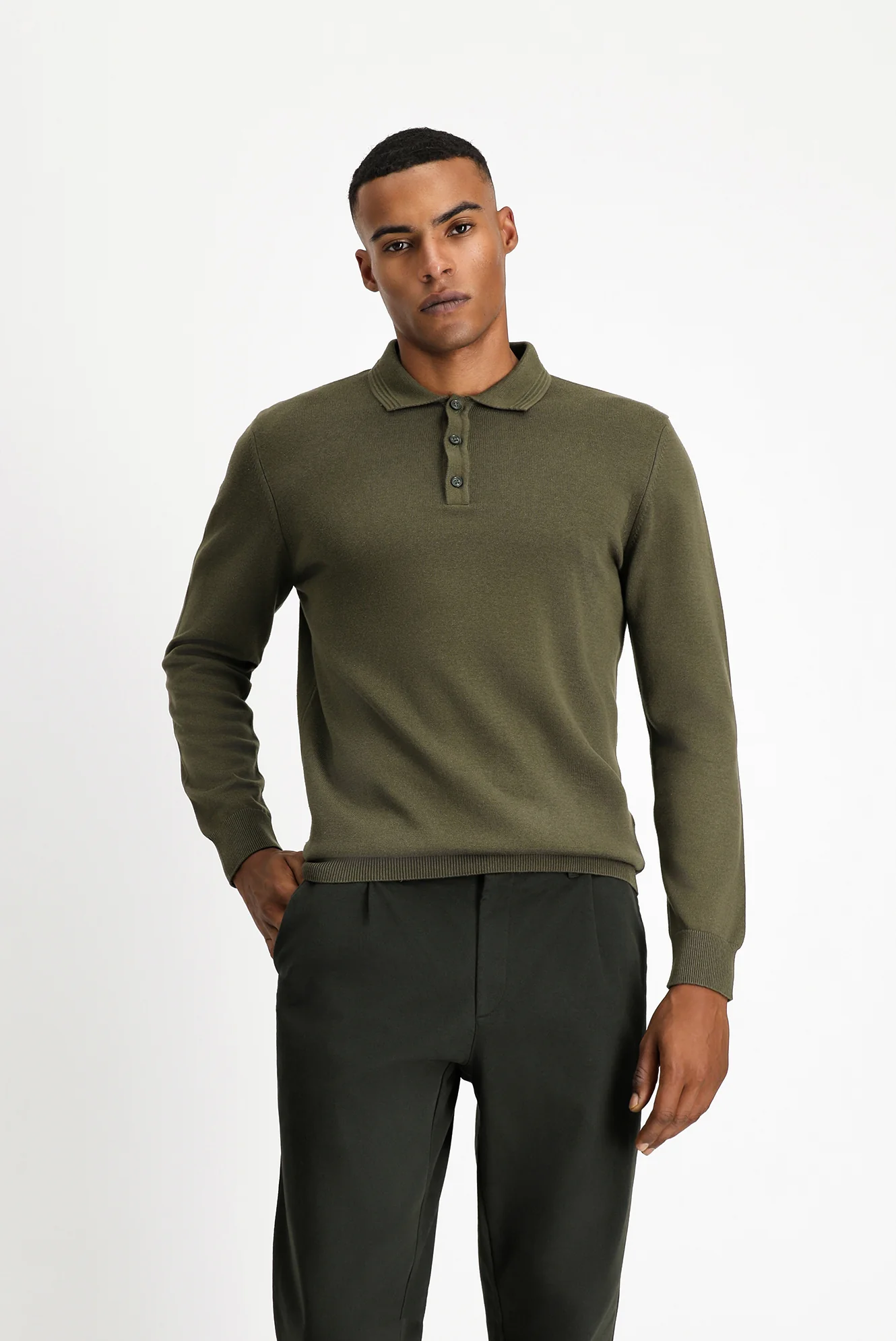 Orta Haki Polo Yaka Regular Fit Pamuklu Triko Kazak - Image 3